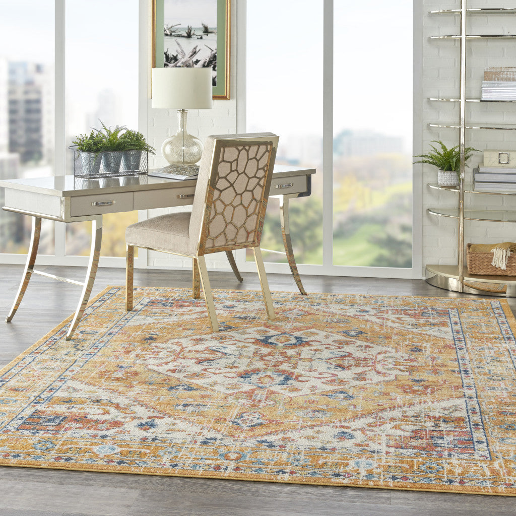 7' X 10' Yellow And Ivory Medallion Area Rug-Area Rugs-DECOROLALA