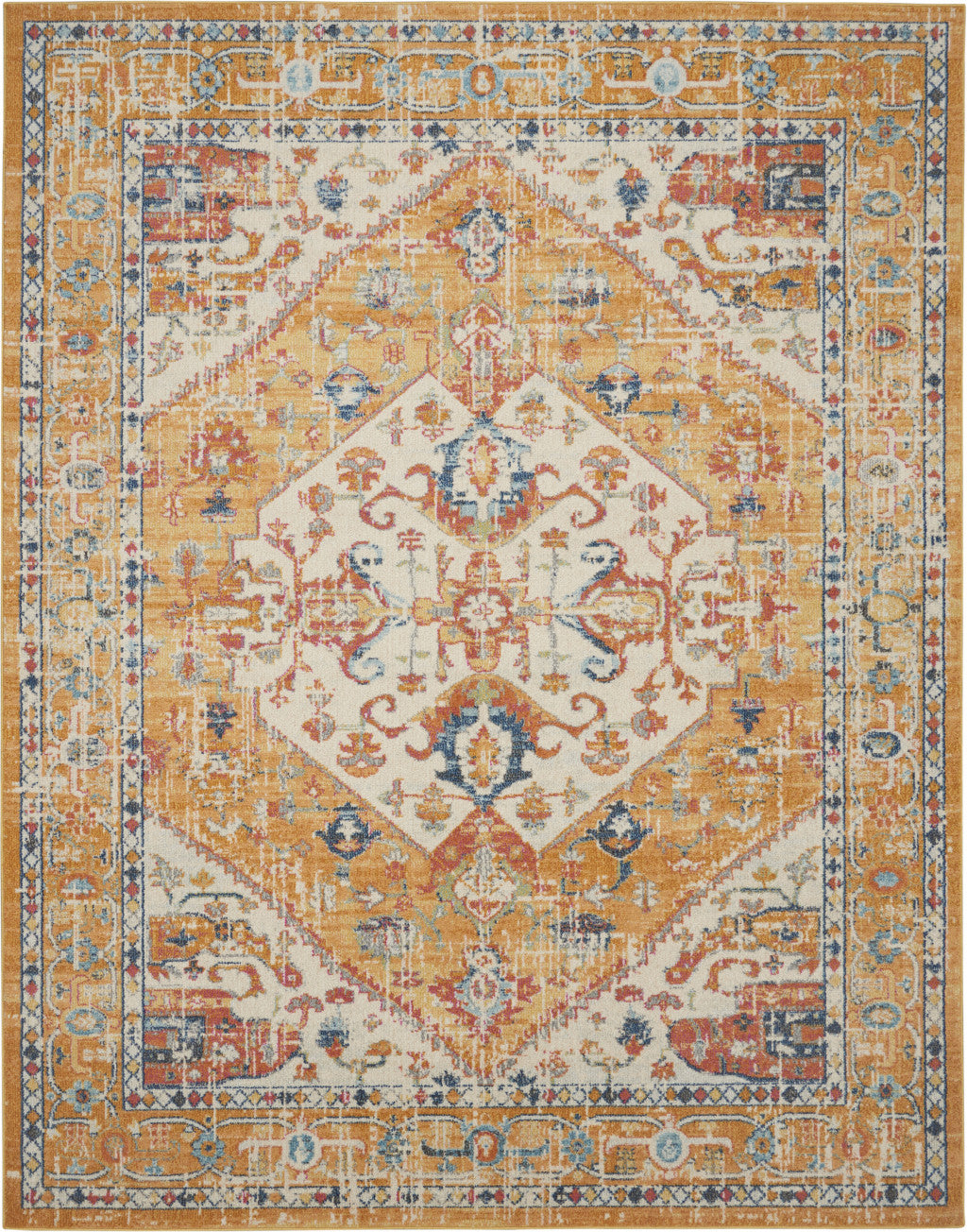 7' X 10' Yellow And Ivory Medallion Area Rug-Area Rugs-DECOROLALA