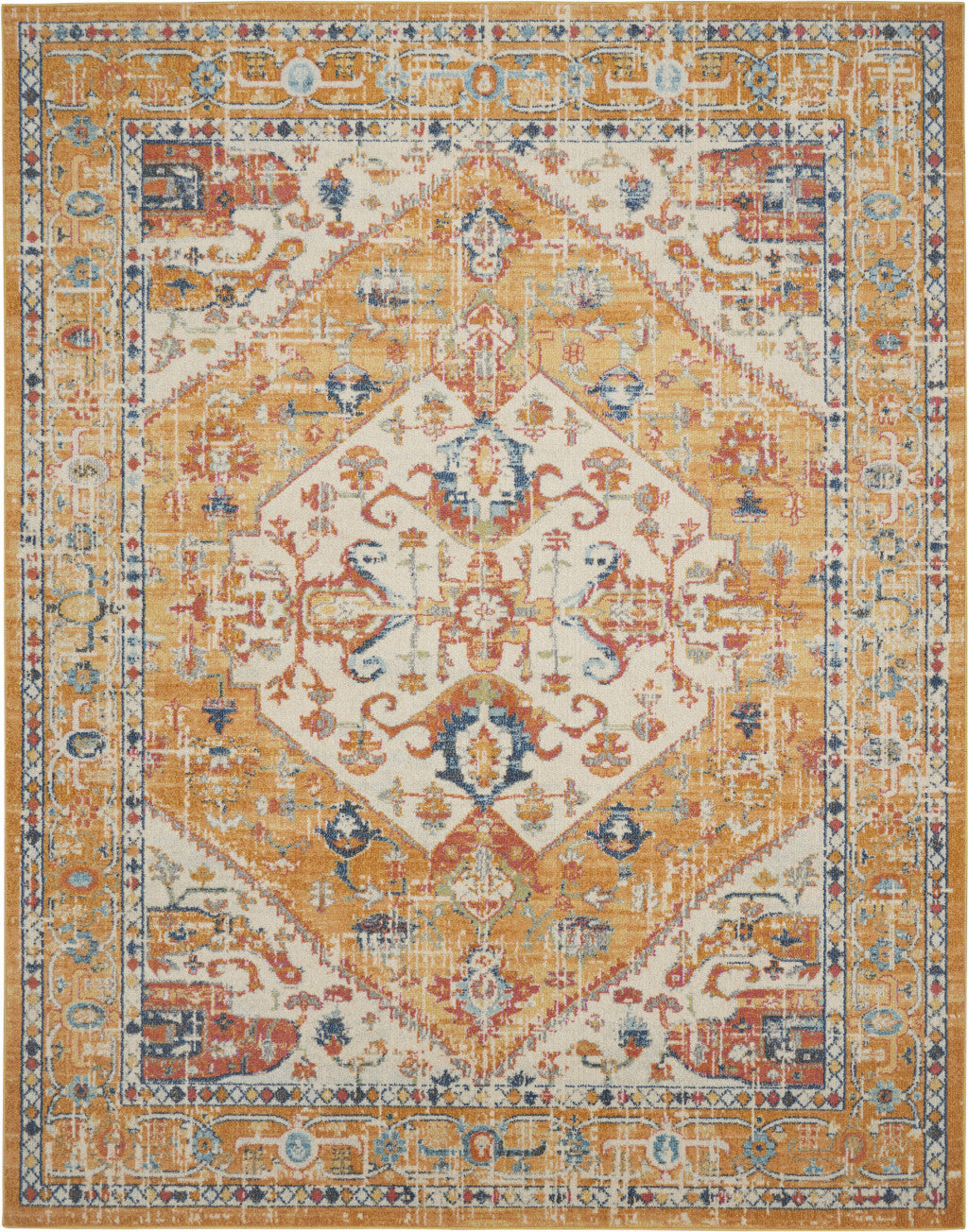 7' X 10' Yellow And Ivory Medallion Area Rug-Area Rugs-DECOROLALA