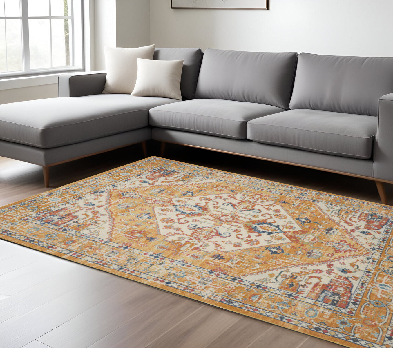 7' X 10' Yellow And Ivory Medallion Area Rug-Area Rugs-DECOROLALA