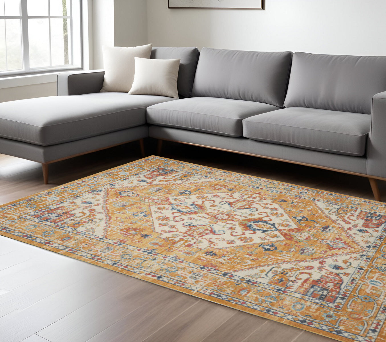 7' X 10' Yellow And Ivory Medallion Area Rug-Area Rugs-DECOROLALA