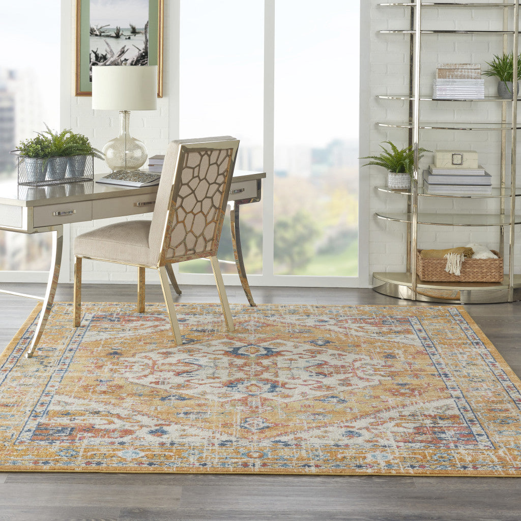 7' X 10' Yellow And Ivory Medallion Area Rug-Area Rugs-DECOROLALA