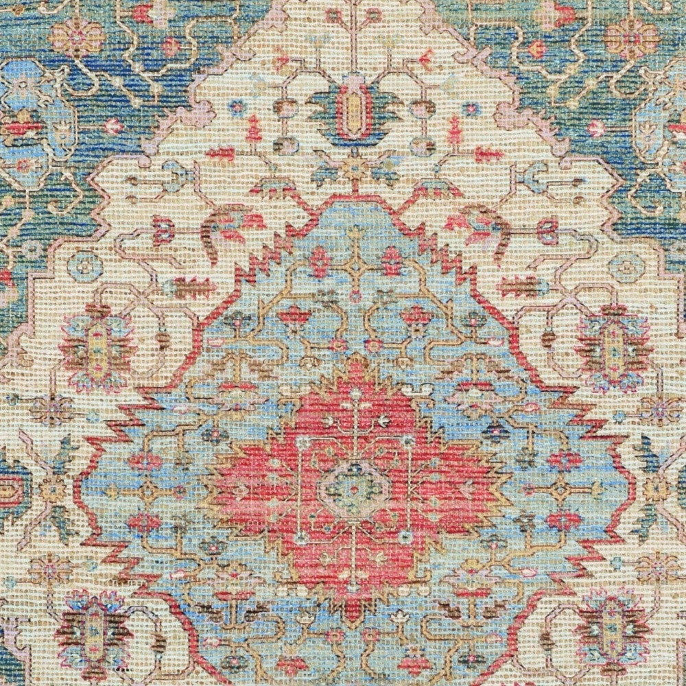 7' X 12' Blue Beige And Brick Red Jute Medallion Handmade Area Rug-Area Rugs-DECOROLALA