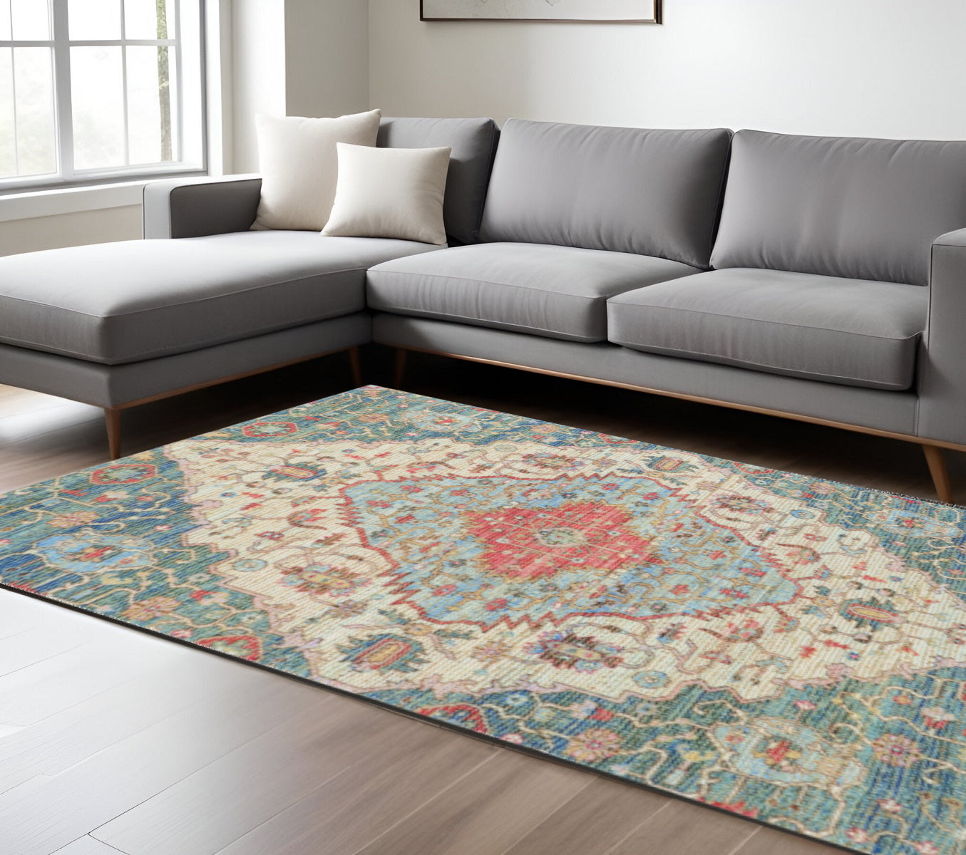 7' X 12' Blue Beige And Brick Red Jute Medallion Handmade Area Rug-Area Rugs-DECOROLALA