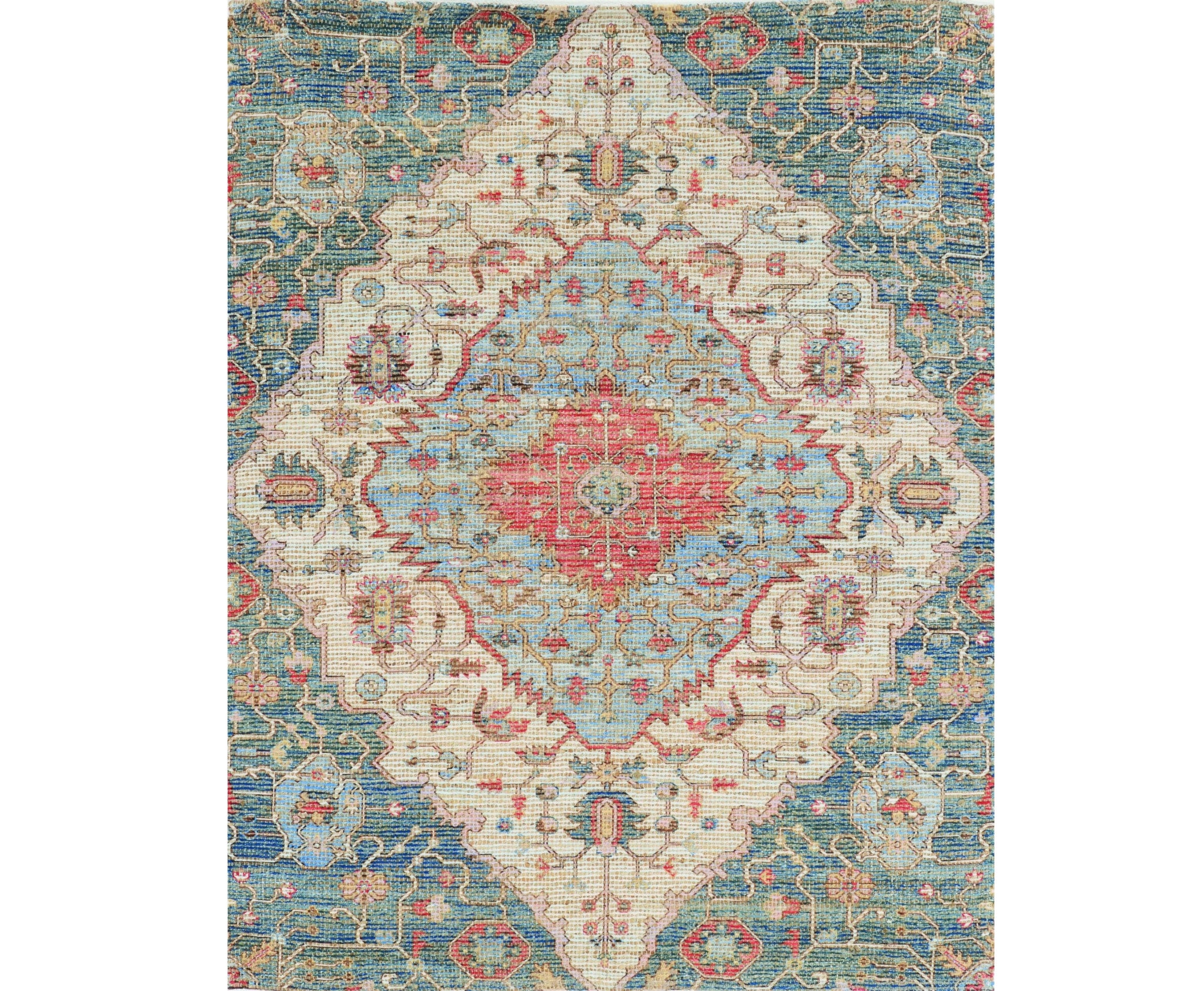 7' X 12' Blue Beige And Brick Red Jute Medallion Handmade Area Rug-Area Rugs-DECOROLALA