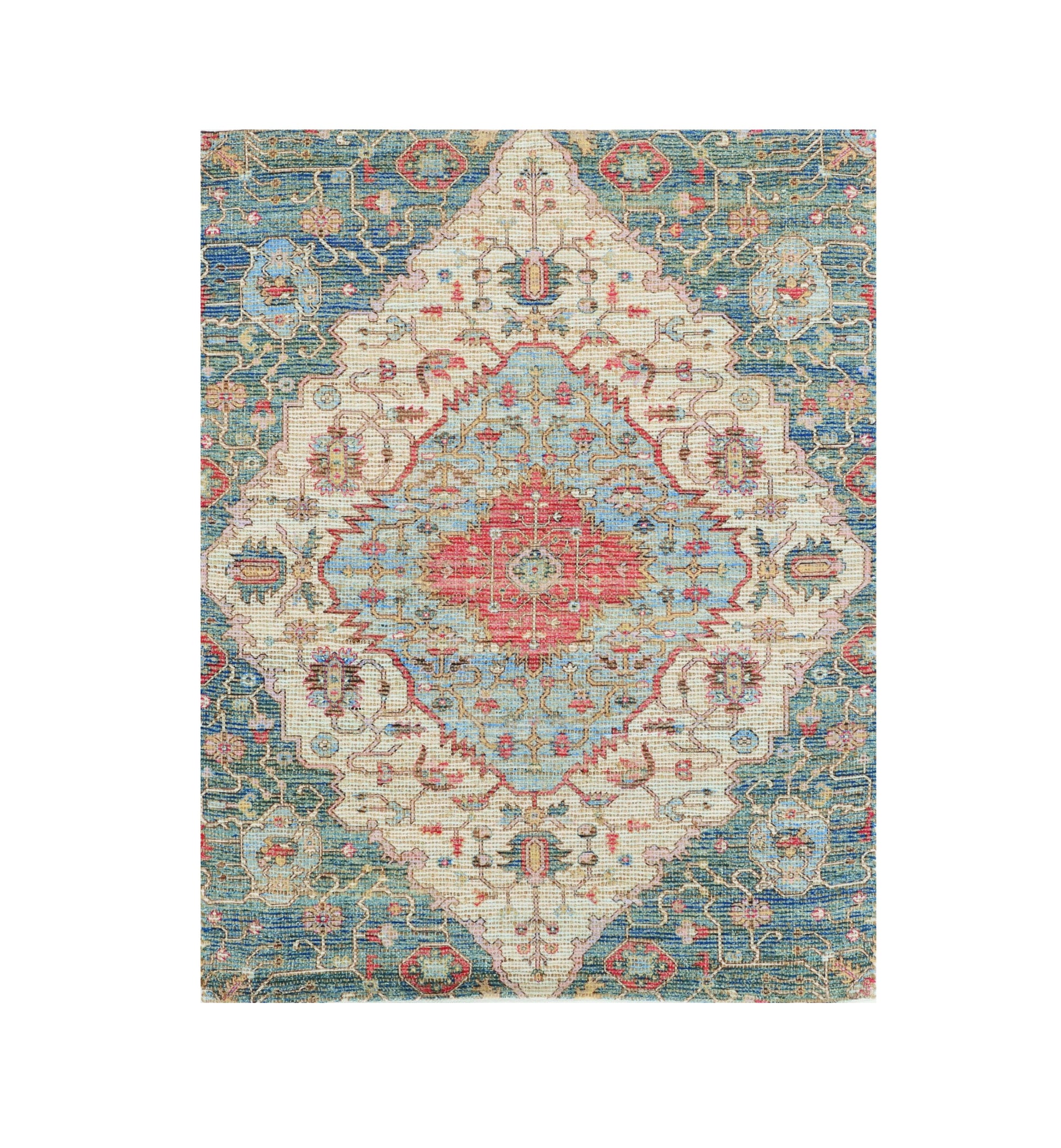 7' X 12' Blue Beige And Brick Red Jute Medallion Handmade Area Rug-Area Rugs-DECOROLALA