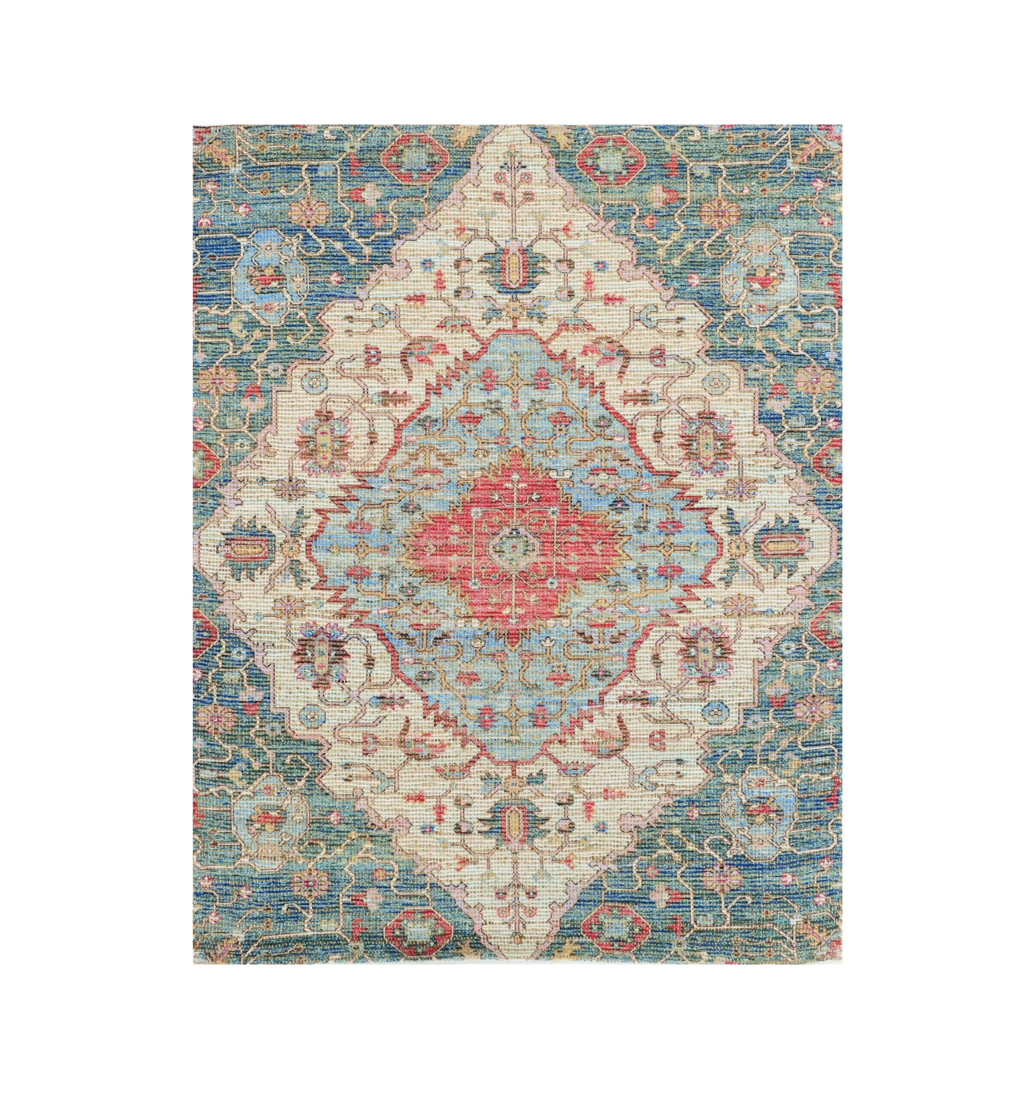7' X 12' Blue Beige And Brick Red Jute Medallion Handmade Area Rug-Area Rugs-DECOROLALA