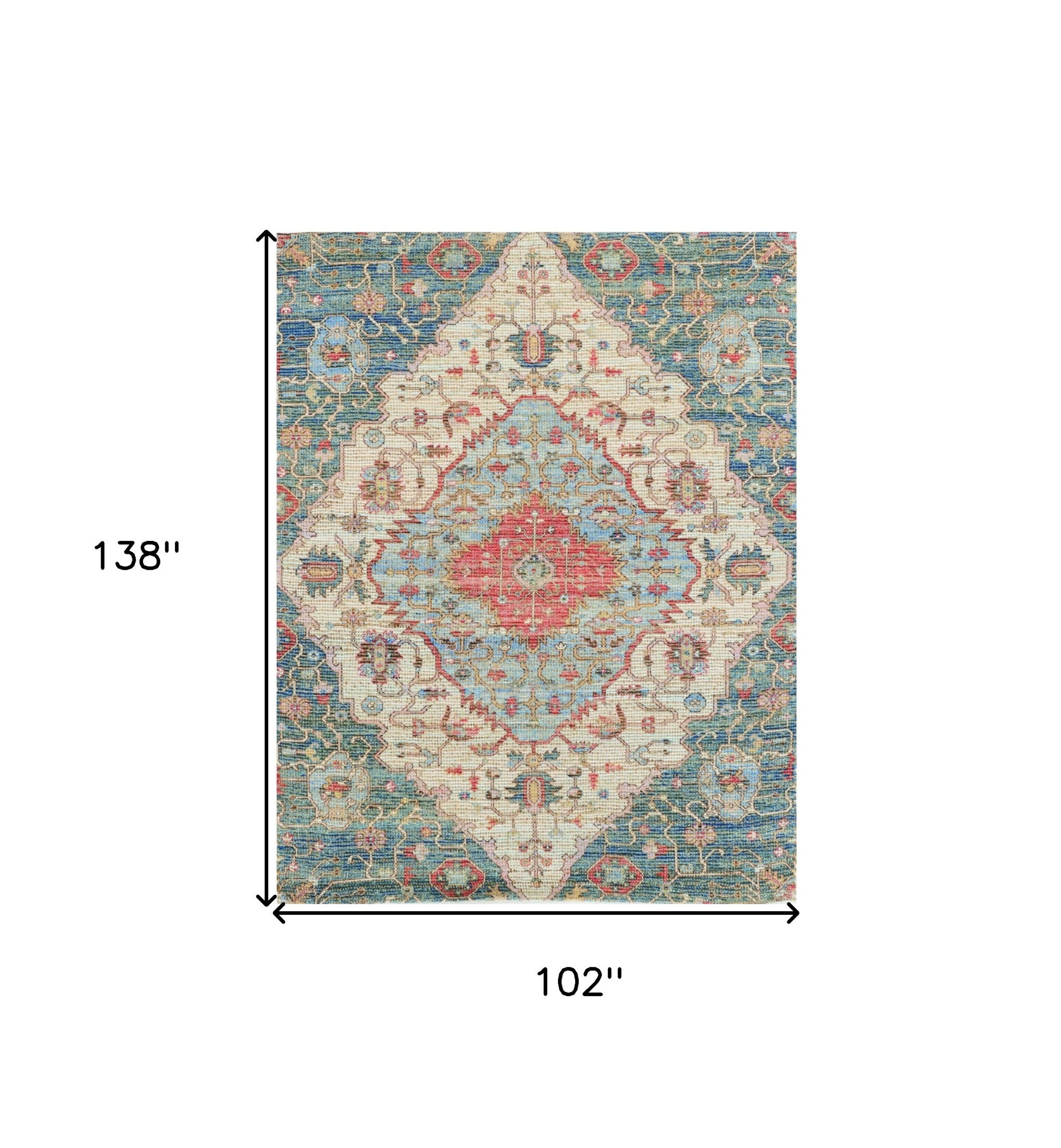 7' X 12' Blue Beige And Brick Red Jute Medallion Handmade Area Rug-Area Rugs-DECOROLALA