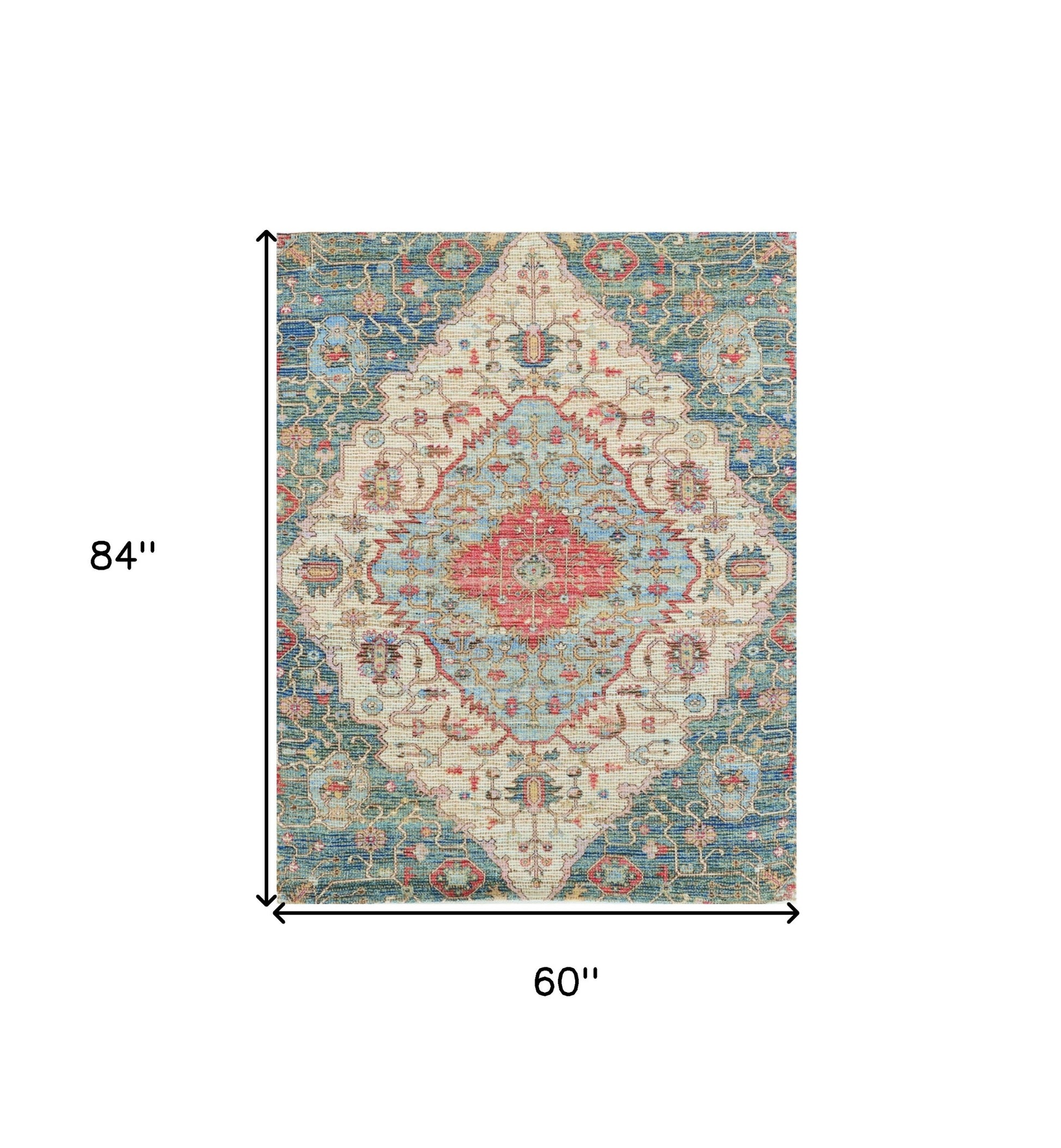 7' X 12' Blue Beige And Brick Red Jute Medallion Handmade Area Rug-Area Rugs-DECOROLALA
