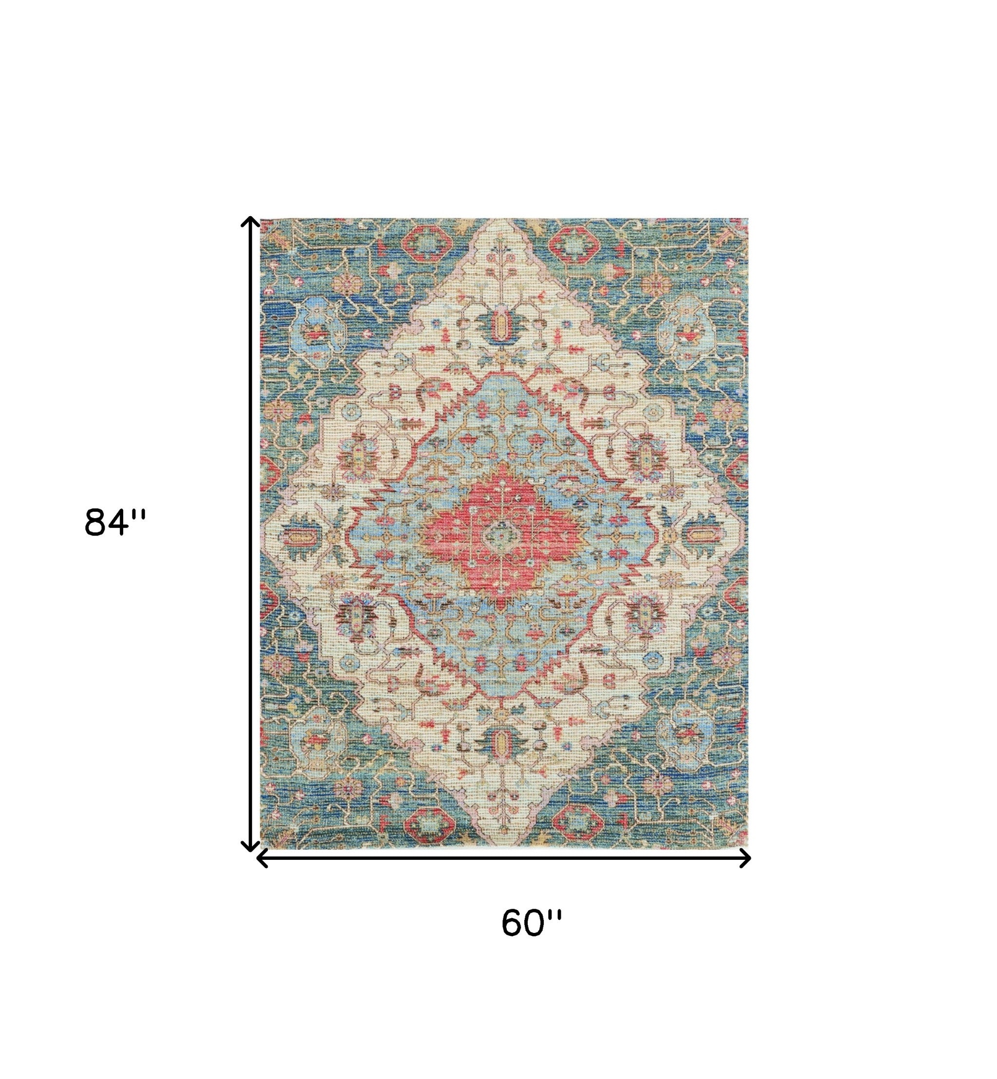 7' X 12' Blue Beige And Brick Red Jute Medallion Handmade Area Rug-Area Rugs-DECOROLALA