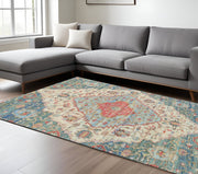 7' X 12' Blue Beige And Brick Red Jute Medallion Handmade Area Rug-Area Rugs-DECOROLALA