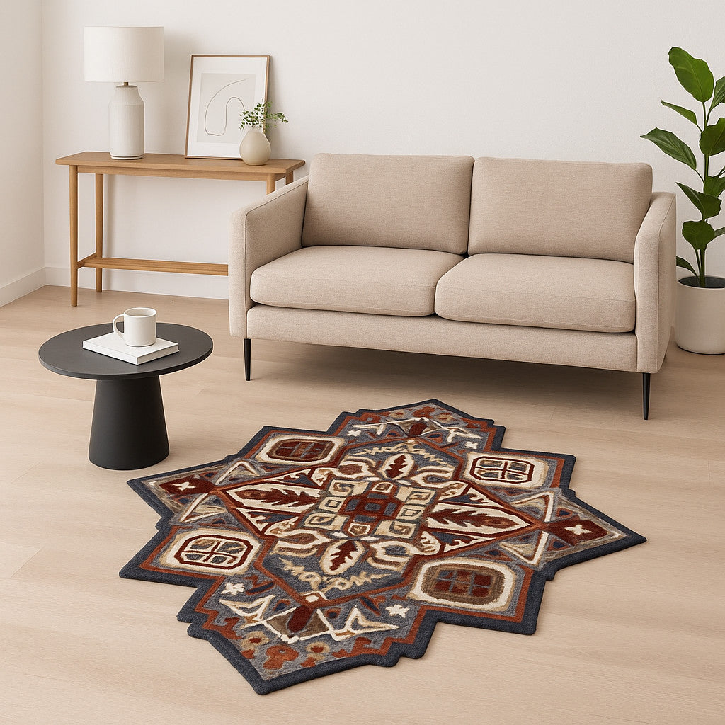 7' X 7' Blue And Red Wool Hand Tufted Area Rug-Area Rugs-DECOROLALA