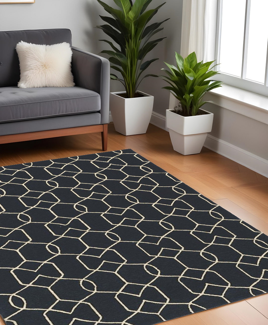 7' X 7' Navy Blue Hand Hooked Area Rug-Area Rugs-DECOROLALA