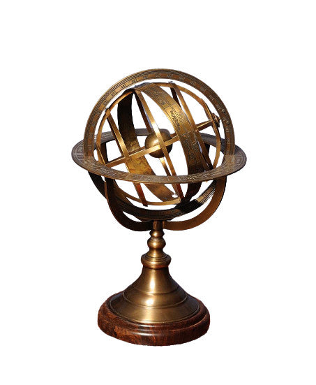 7" X 7" X 11.5" Armillary Sphere On Wood Base-Sculptures-DECOROLALA