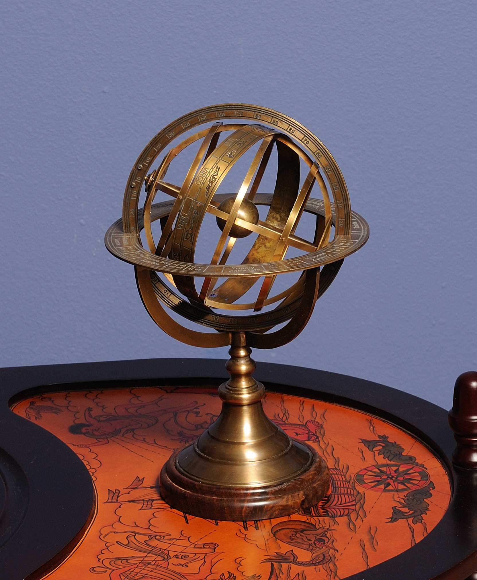 7" X 7" X 11.5" Armillary Sphere On Wood Base-Sculptures-DECOROLALA