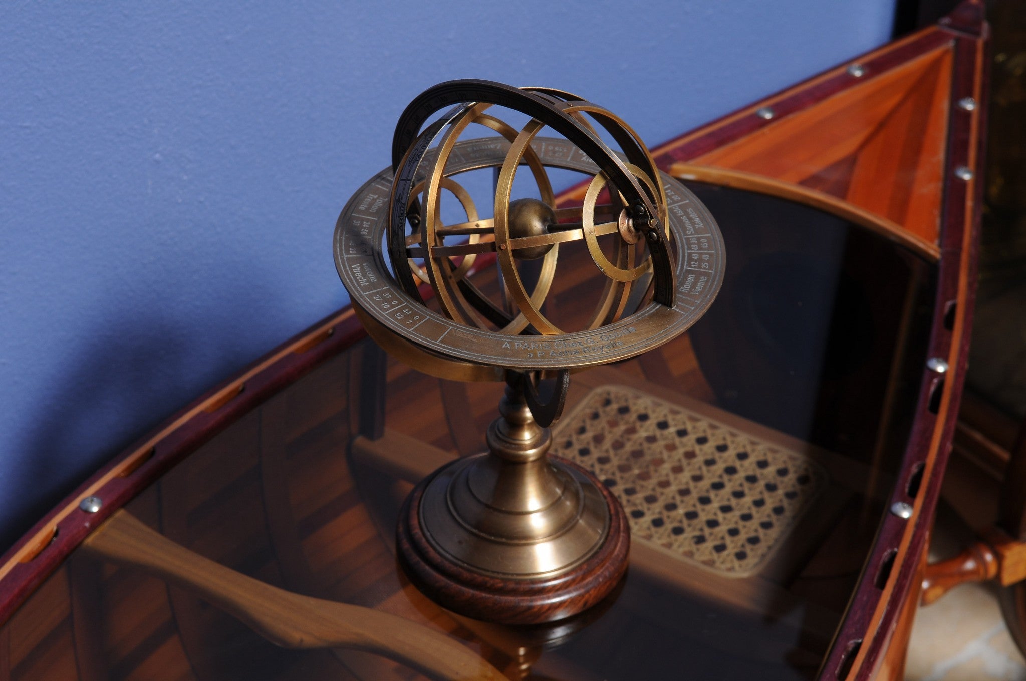7" X 7" X 11.5" Armillary Sphere On Wood Base-Sculptures-DECOROLALA