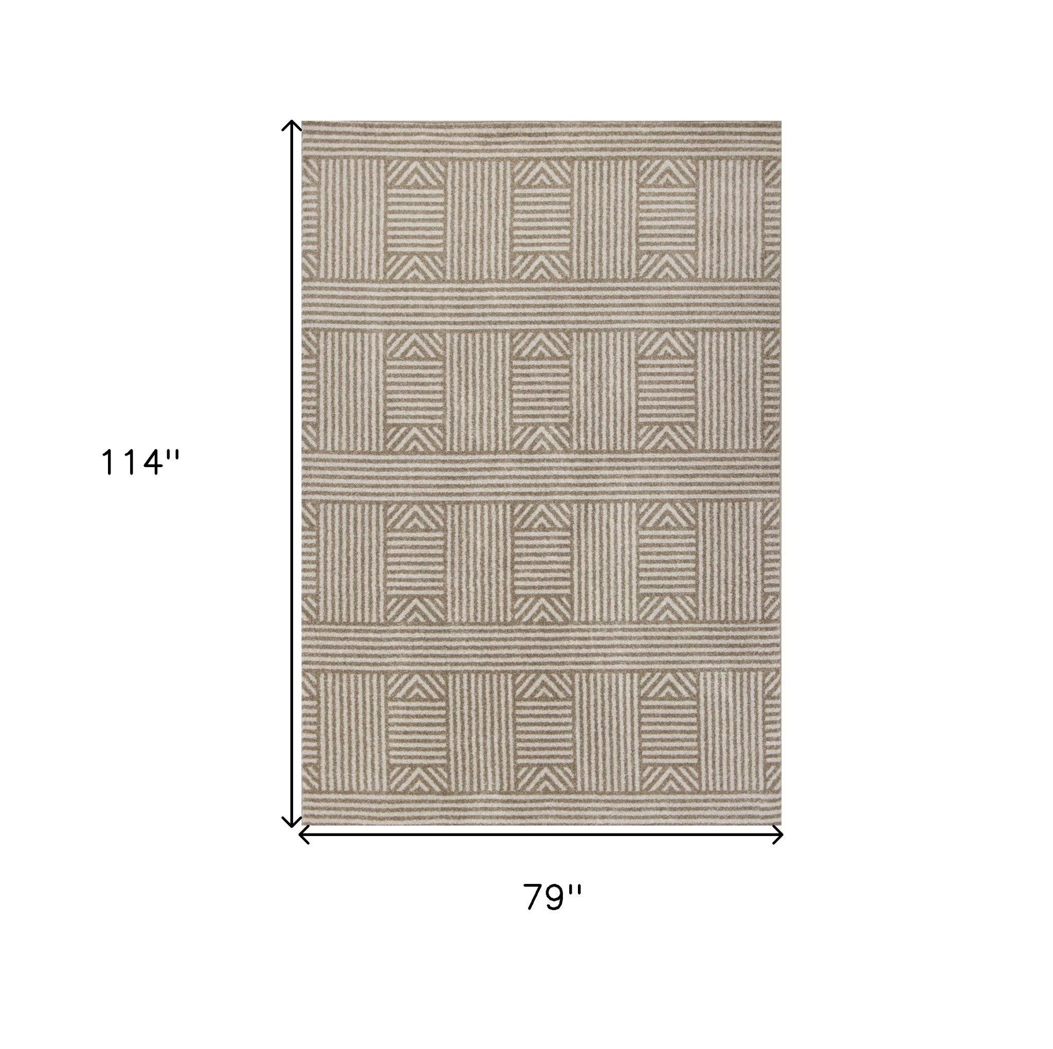7' X 9' Beige And Ivory Geometric Indoor Outdoor Area Rug-Outdoor Rugs-DECOROLALA