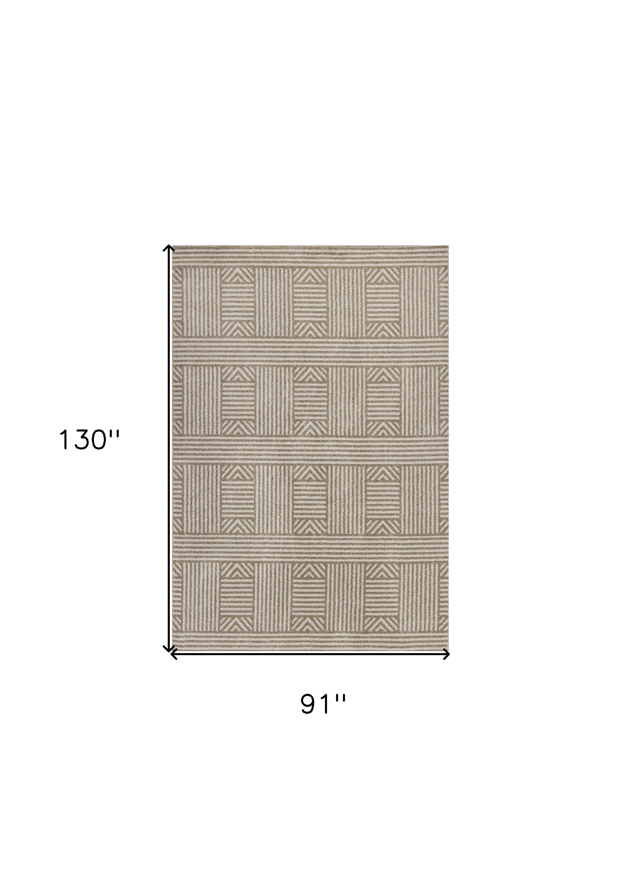 7' X 9' Beige And Ivory Geometric Indoor Outdoor Area Rug-Outdoor Rugs-DECOROLALA