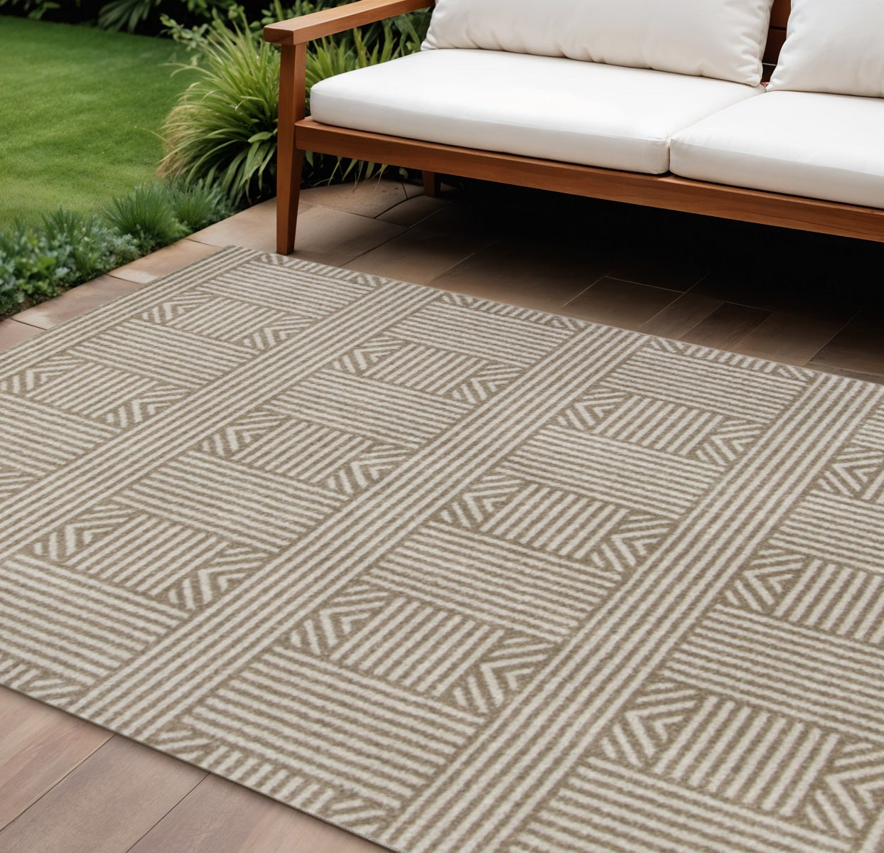 7' X 9' Beige And Ivory Geometric Indoor Outdoor Area Rug-Outdoor Rugs-DECOROLALA