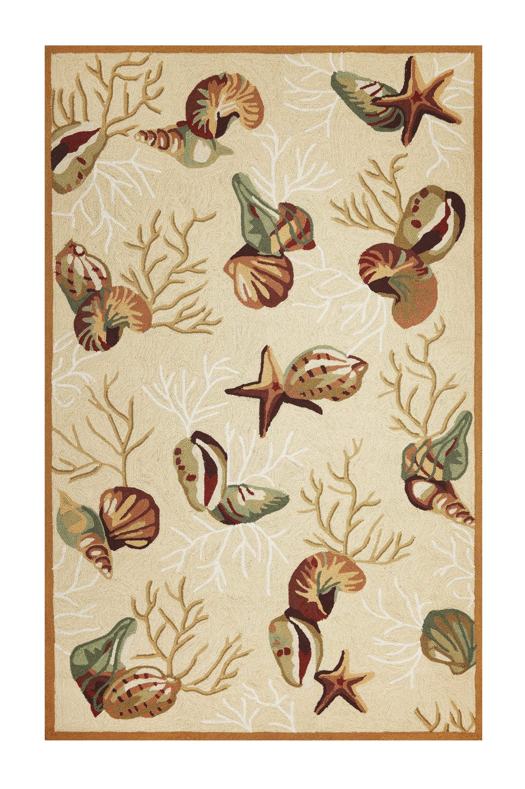 7' X 9' Beige Green And Brown Seashell and Coral Hand Tufted Area Rug-Area Rugs-DECOROLALA