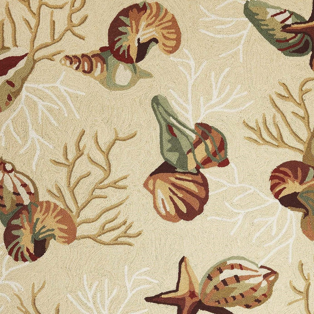 7' X 9' Beige Green And Brown Seashell and Coral Hand Tufted Area Rug-Area Rugs-DECOROLALA