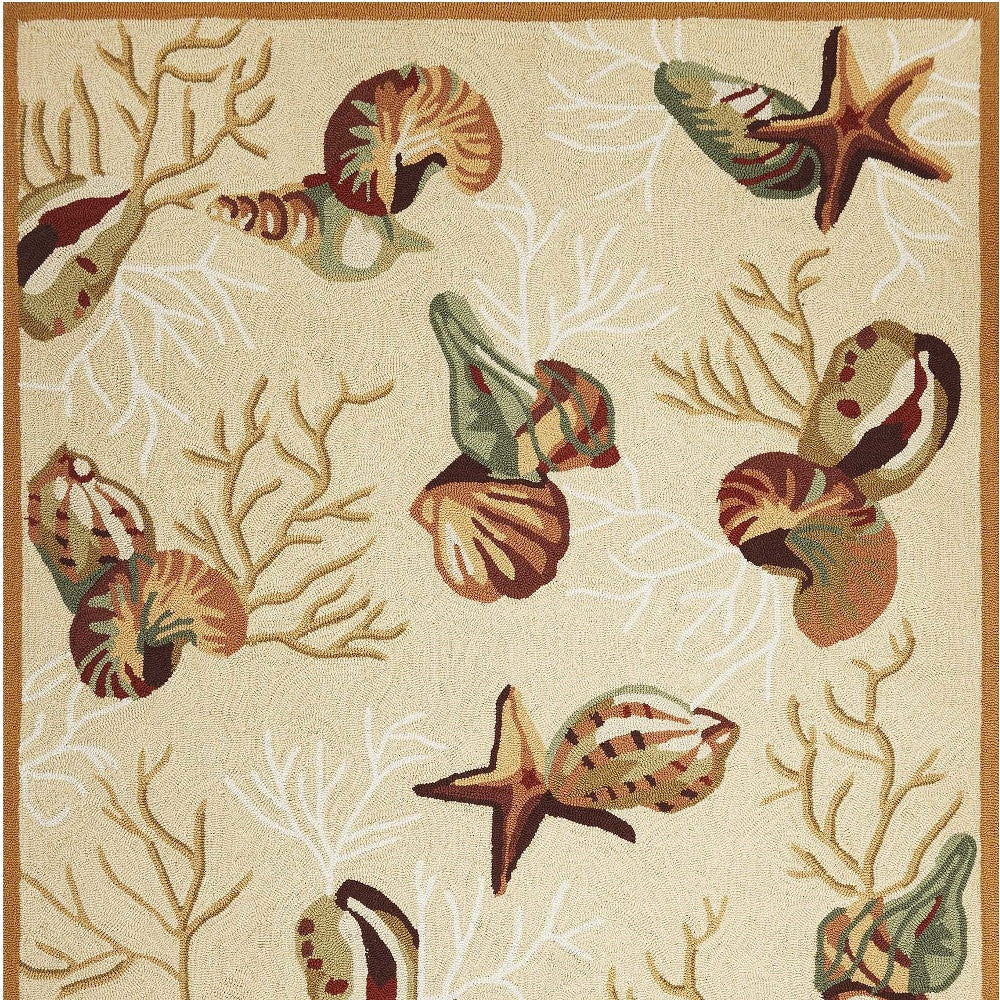 7' X 9' Beige Green And Brown Seashell and Coral Hand Tufted Area Rug-Area Rugs-DECOROLALA
