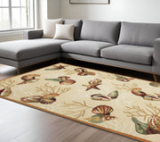 7' X 9' Beige Green And Brown Seashell and Coral Hand Tufted Area Rug-Area Rugs-DECOROLALA