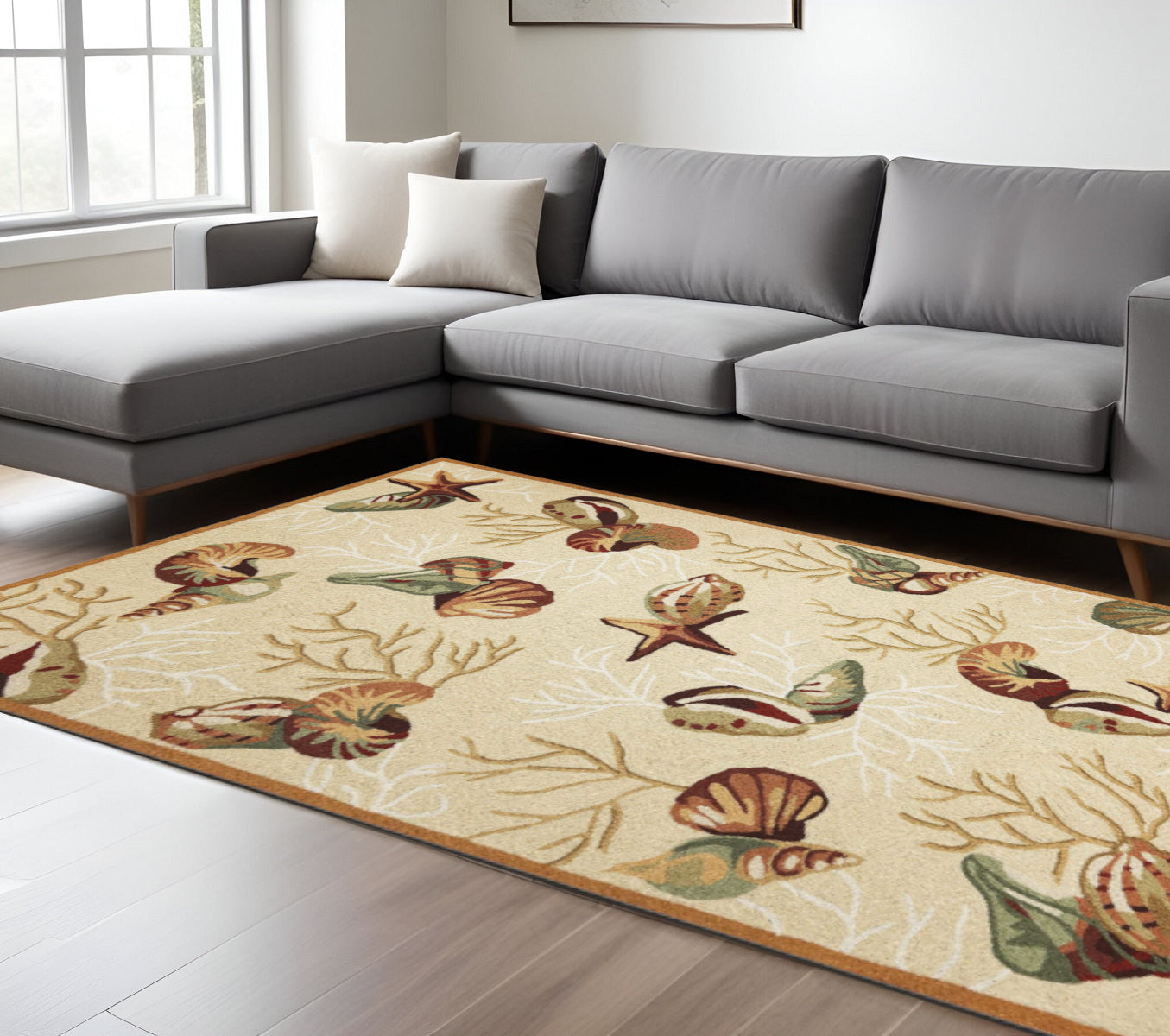 7' X 9' Beige Green And Brown Seashell and Coral Hand Tufted Area Rug-Area Rugs-DECOROLALA