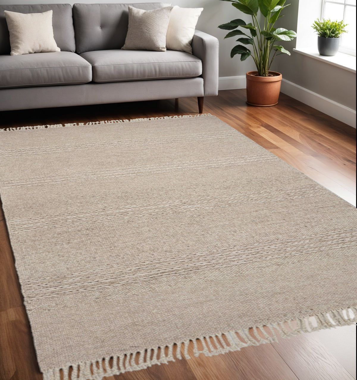 7' X 9' Beige Wool Hand Woven Area Rug-Area Rugs-DECOROLALA