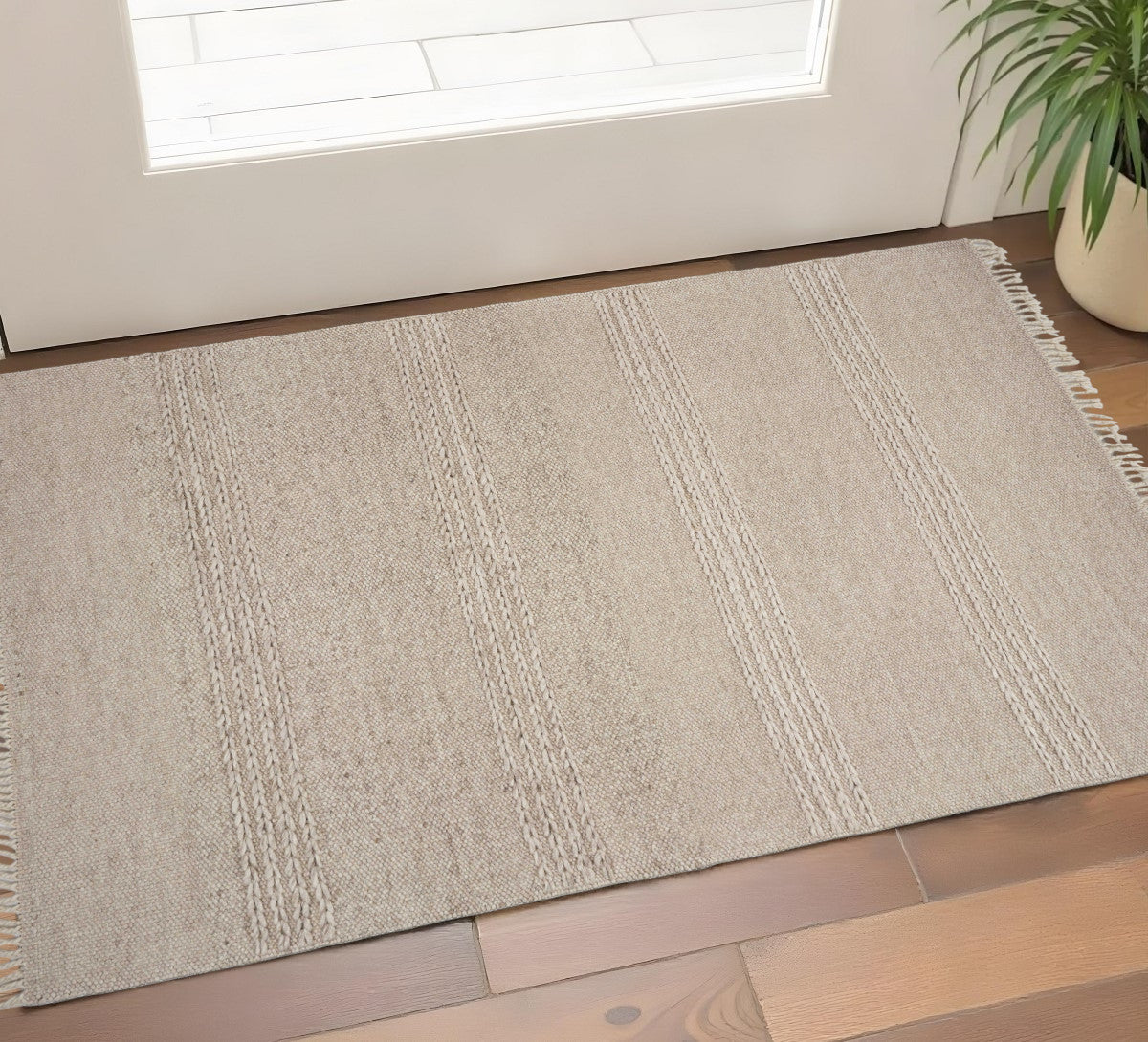 7' X 9' Beige Wool Hand Woven Area Rug-Area Rugs-DECOROLALA