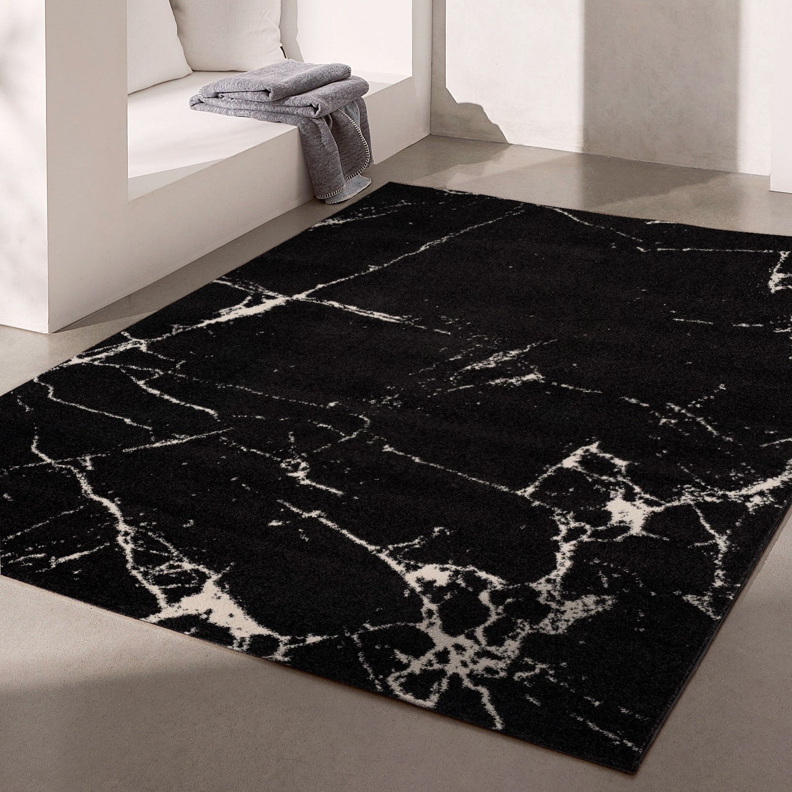 7' X 9' Black And White Abstract Area Rug-Area Rugs-DECOROLALA