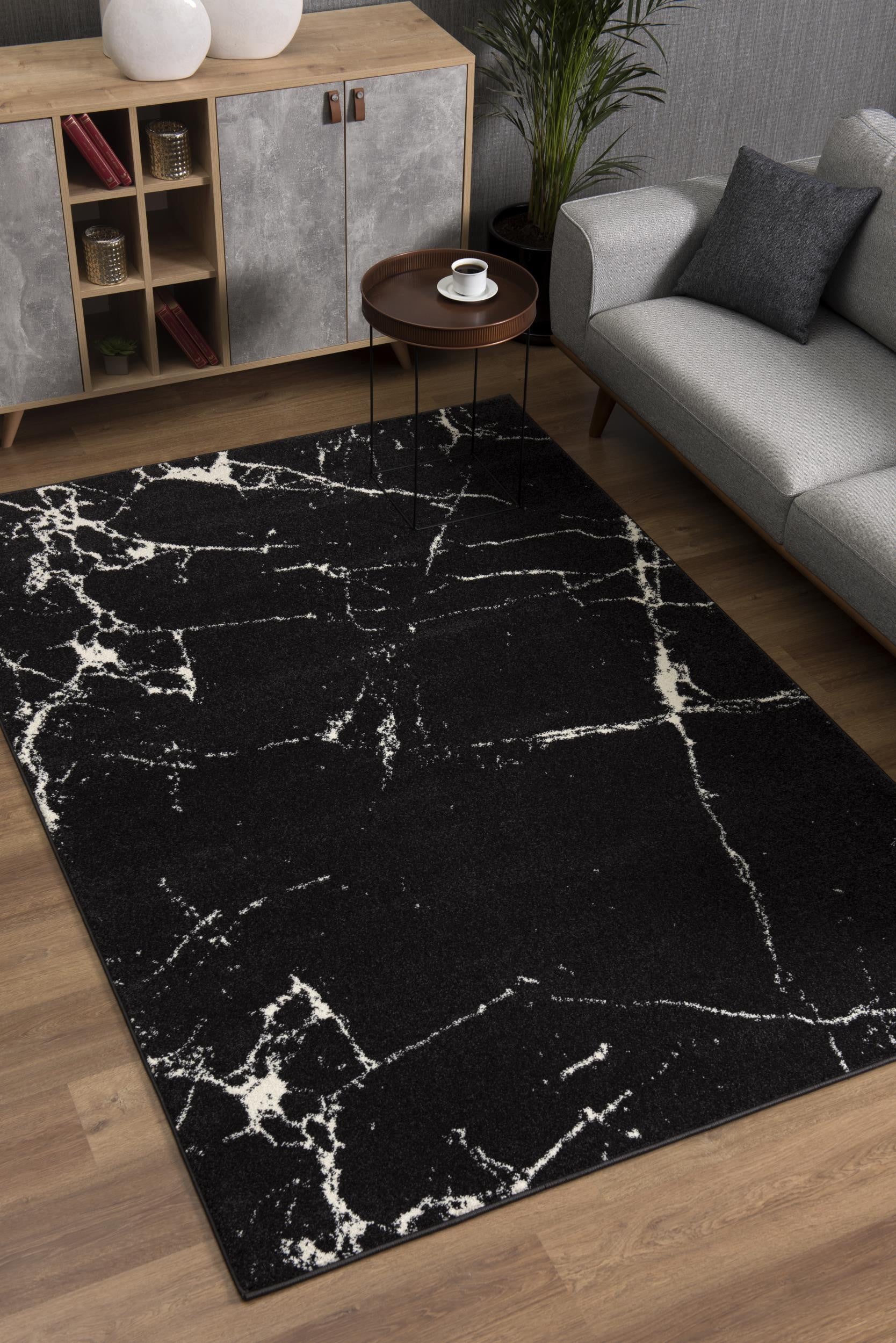 7' X 9' Black And White Abstract Area Rug-Area Rugs-DECOROLALA