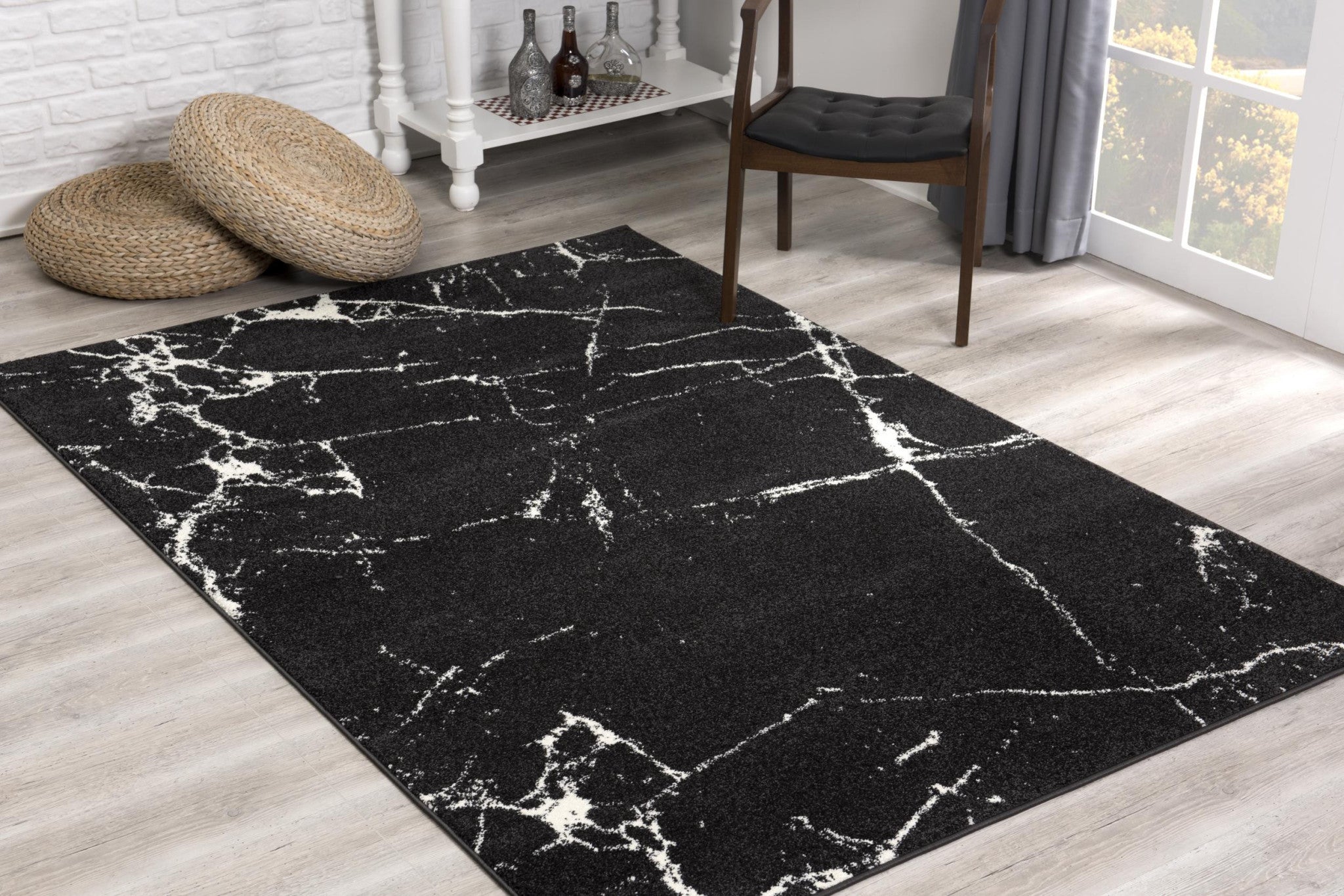 7' X 9' Black And White Abstract Area Rug-Area Rugs-DECOROLALA