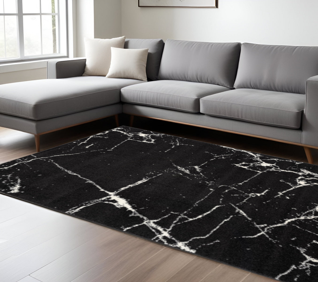 7' X 9' Black And White Abstract Area Rug-Area Rugs-DECOROLALA