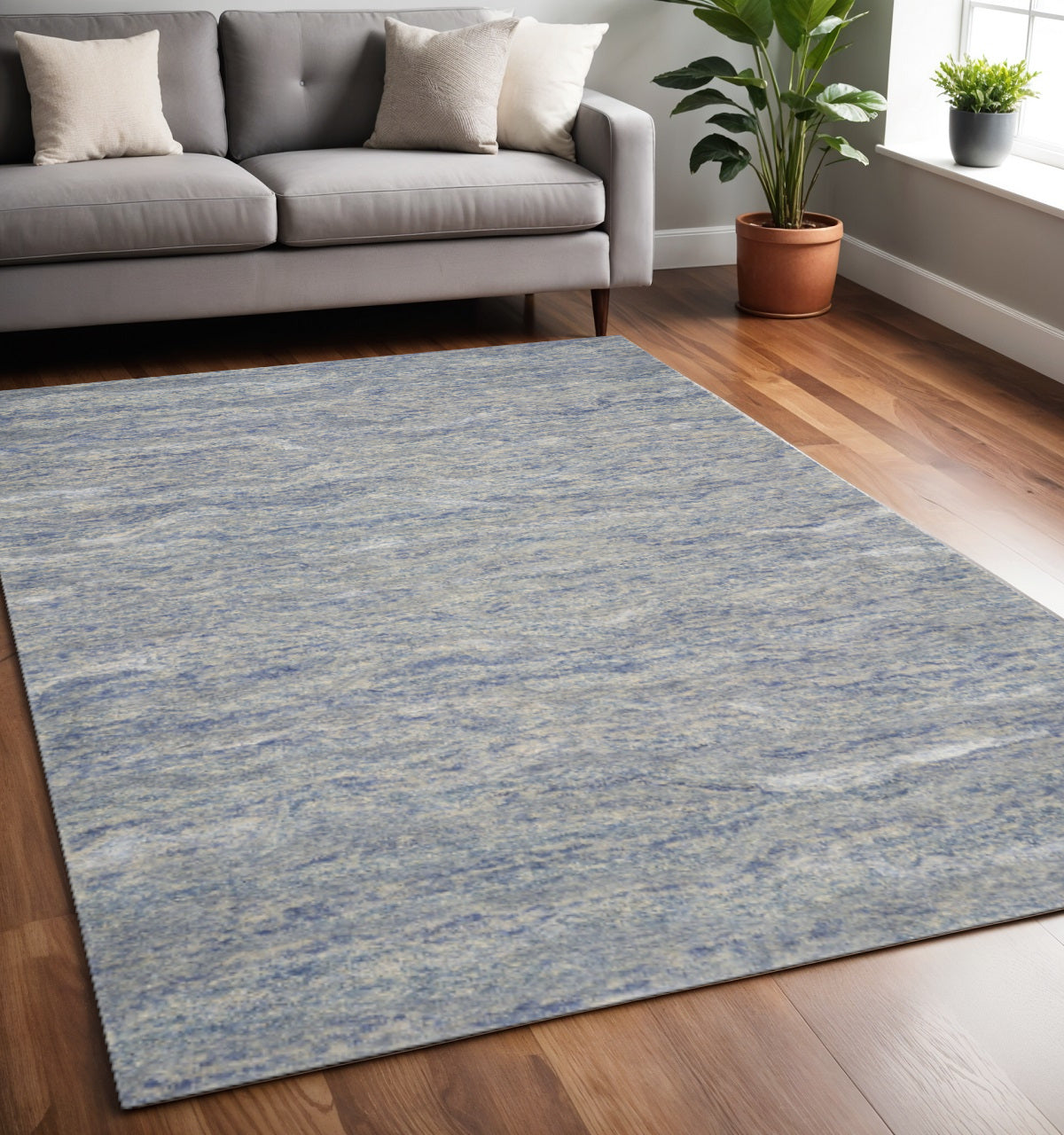 7' X 9' Blue And Beige Wool Abstract Hand Tufted Area Rug-Area Rugs-DECOROLALA