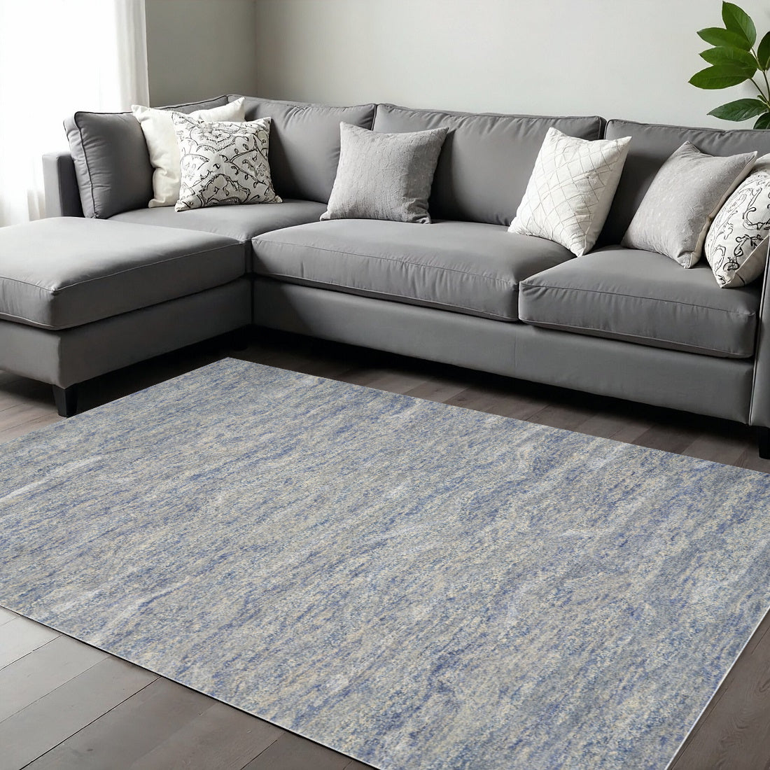 7' X 9' Blue And Beige Wool Abstract Hand Tufted Area Rug-Area Rugs-DECOROLALA