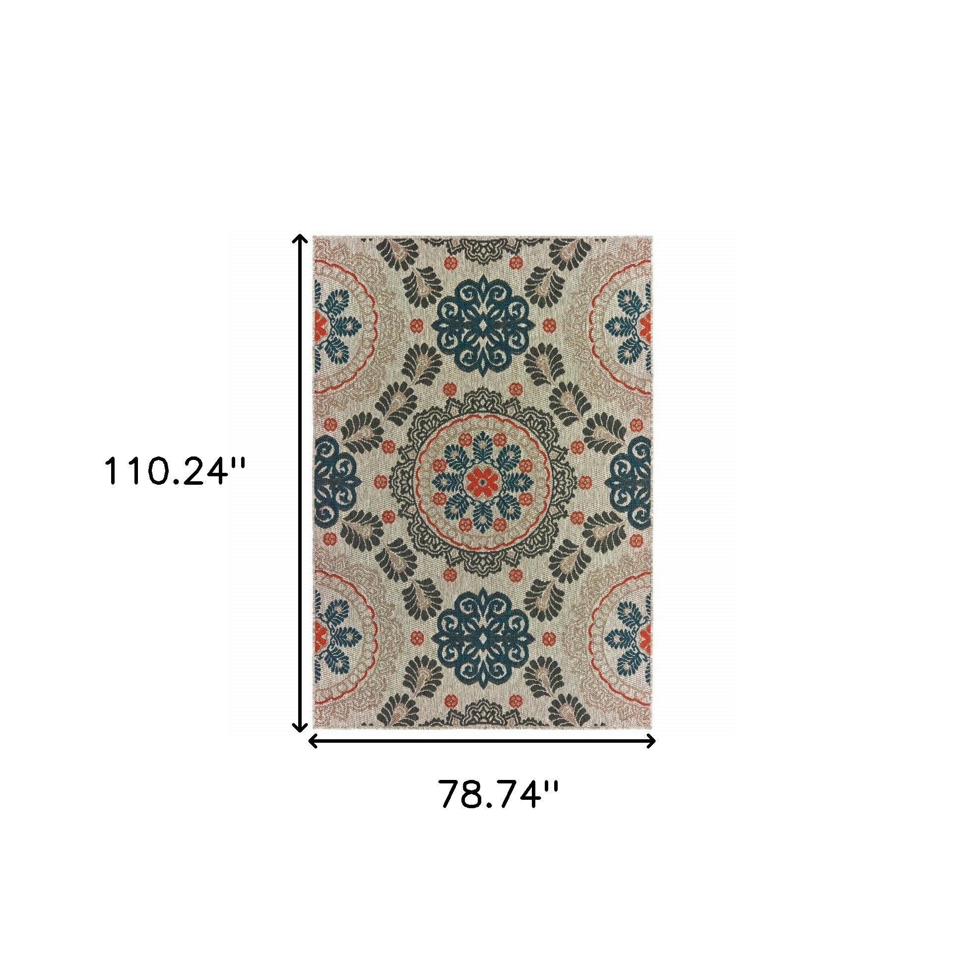 7' X 9' Blue And Gray Damask Indoor Outdoor Area Rug-Outdoor Rugs-DECOROLALA