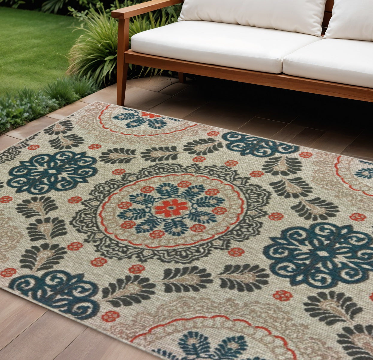 7' X 9' Blue And Gray Damask Indoor Outdoor Area Rug-Outdoor Rugs-DECOROLALA