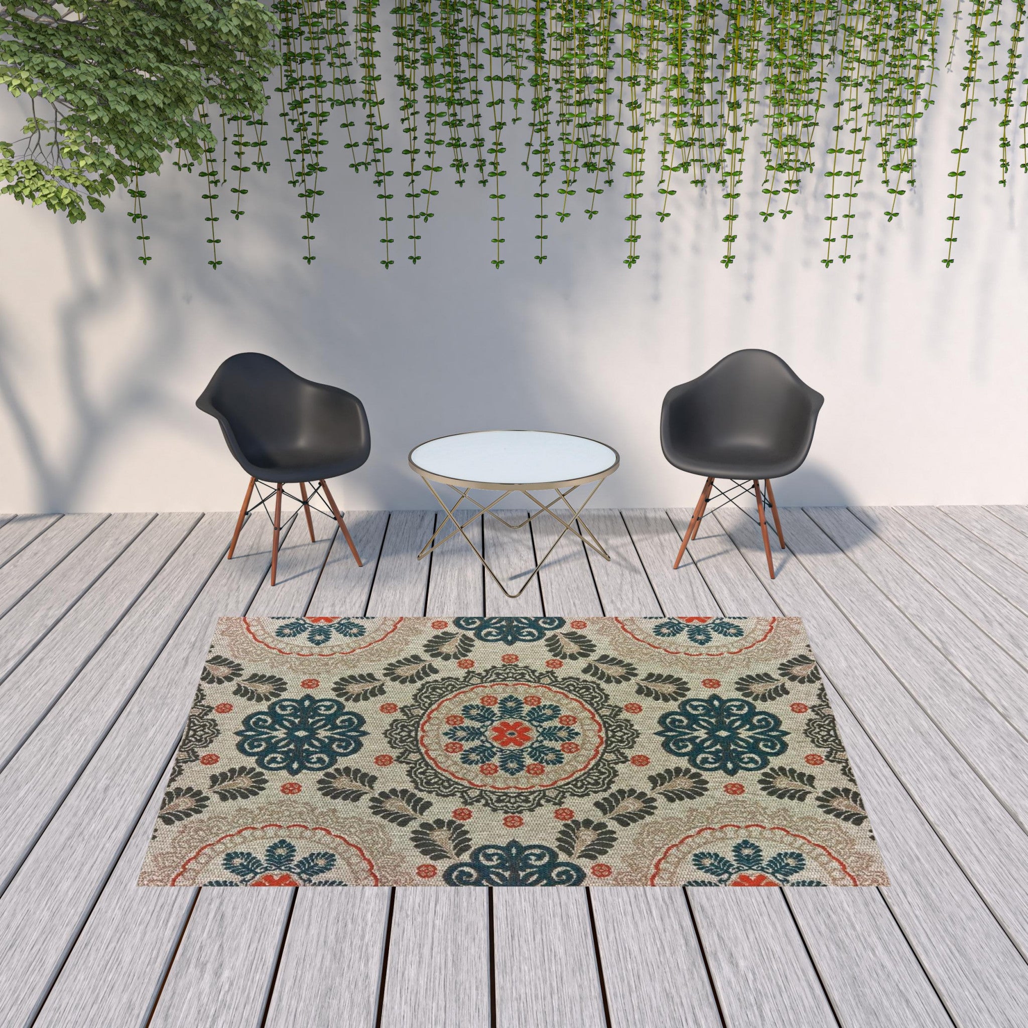 7' X 9' Blue And Gray Damask Indoor Outdoor Area Rug-Outdoor Rugs-DECOROLALA