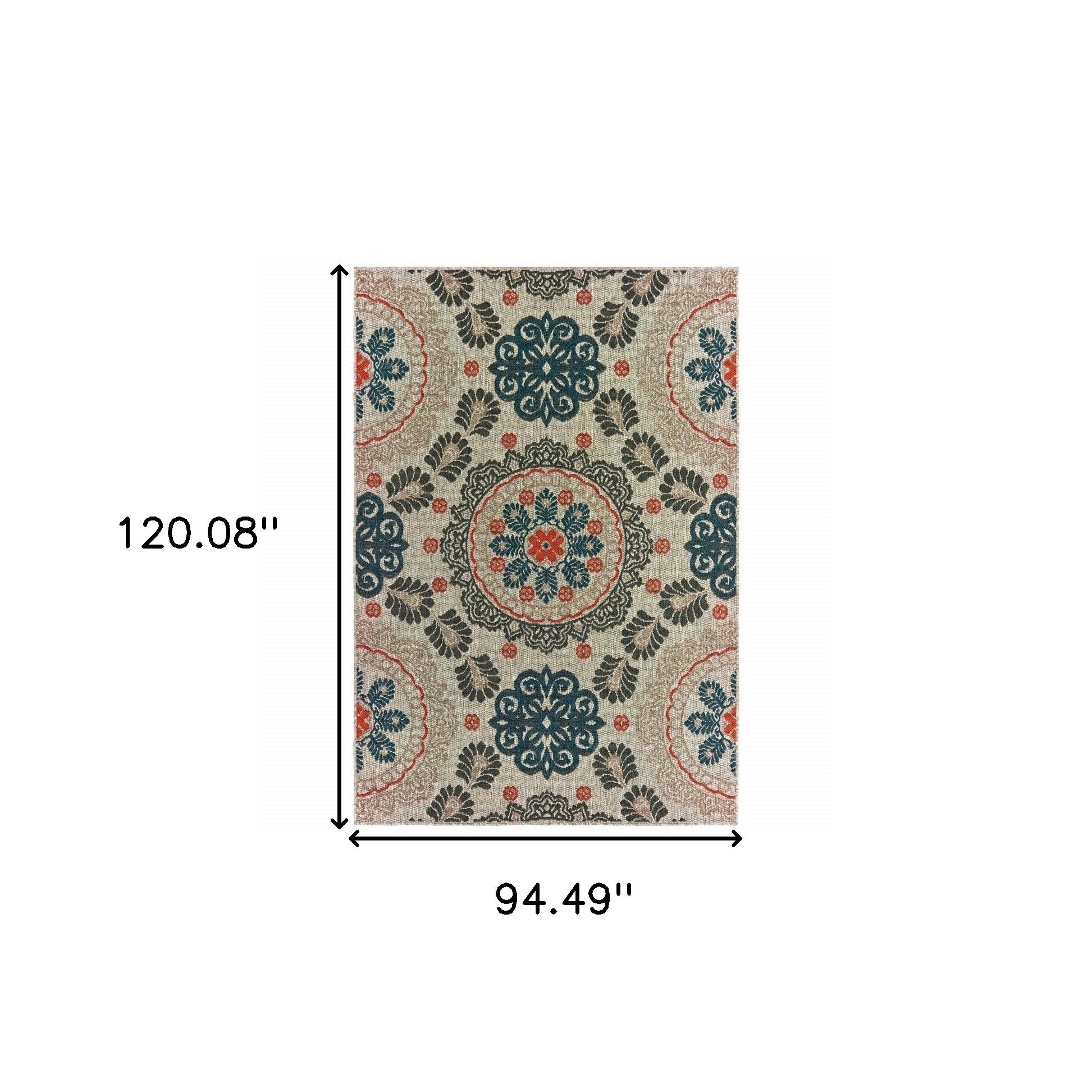 7' X 9' Blue And Gray Damask Indoor Outdoor Area Rug-Outdoor Rugs-DECOROLALA