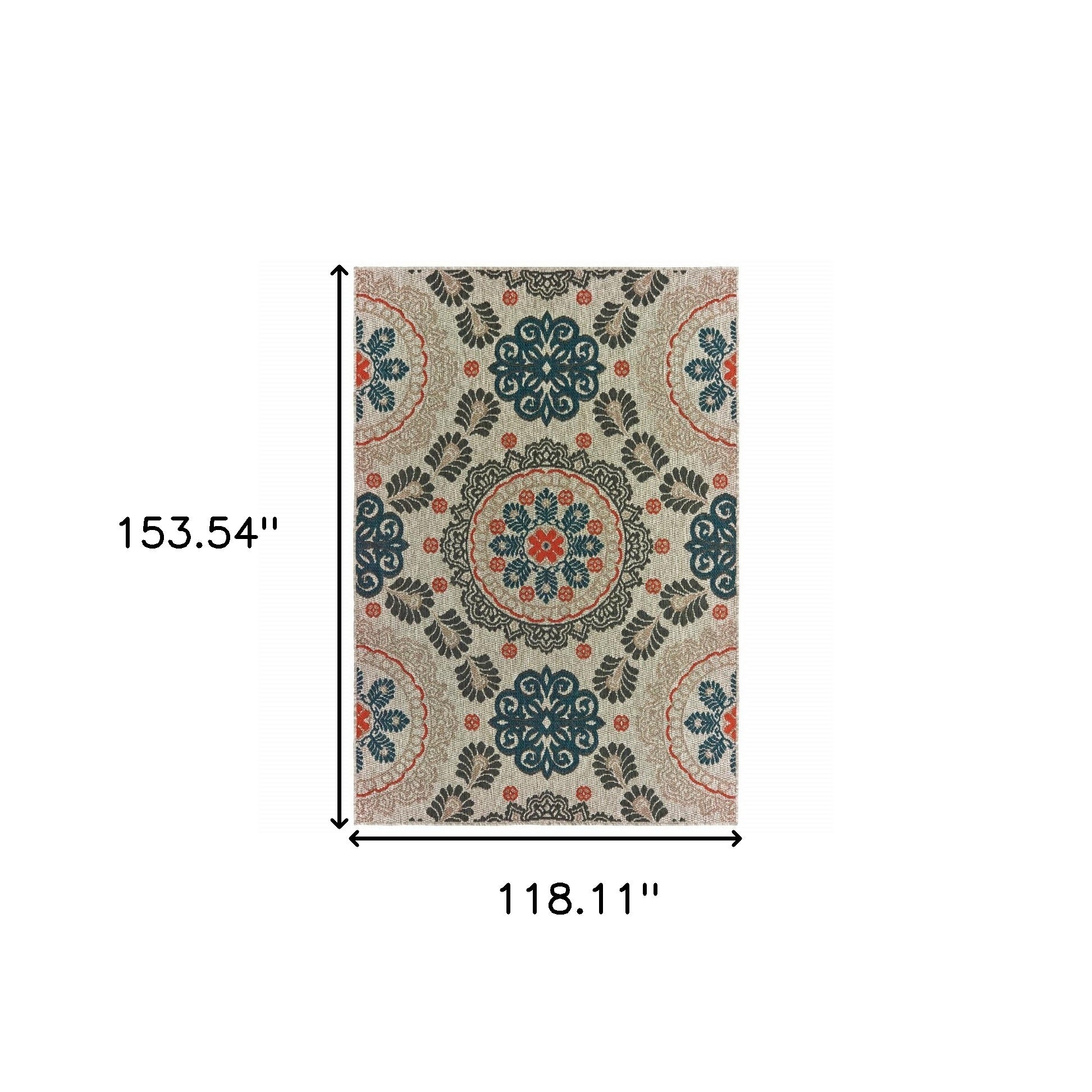 7' X 9' Blue And Gray Damask Indoor Outdoor Area Rug-Outdoor Rugs-DECOROLALA