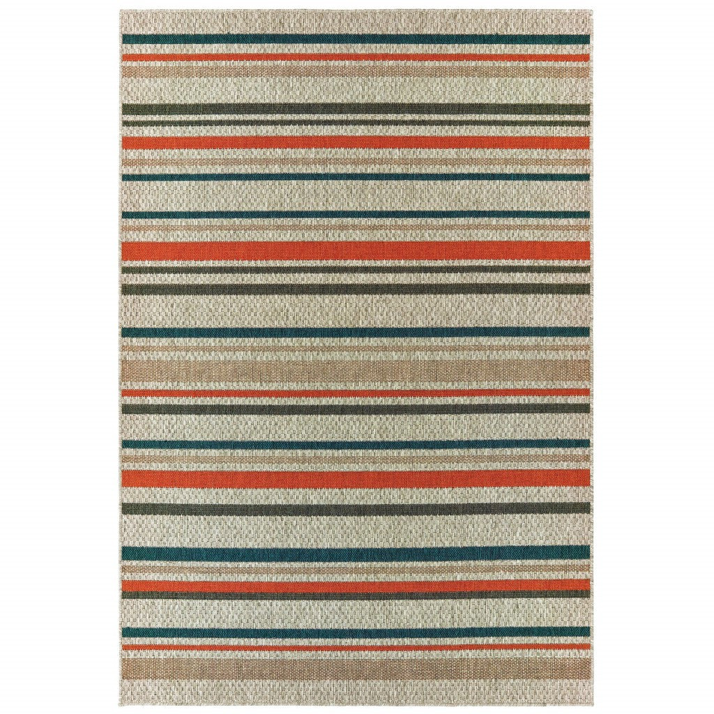 7' X 9' Blue And Gray Striped Indoor Outdoor Area Rug-Outdoor Rugs-DECOROLALA