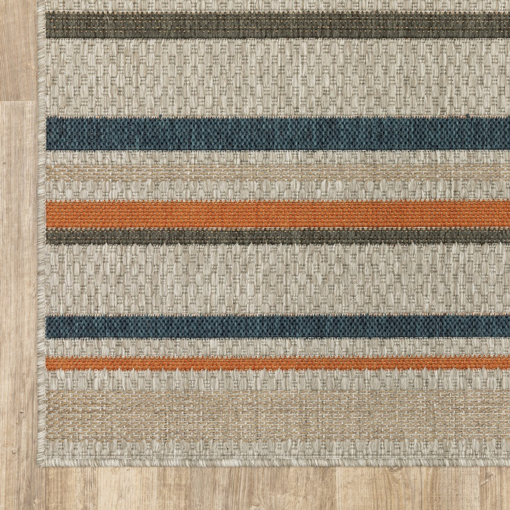 7' X 9' Blue And Gray Striped Indoor Outdoor Area Rug-Outdoor Rugs-DECOROLALA