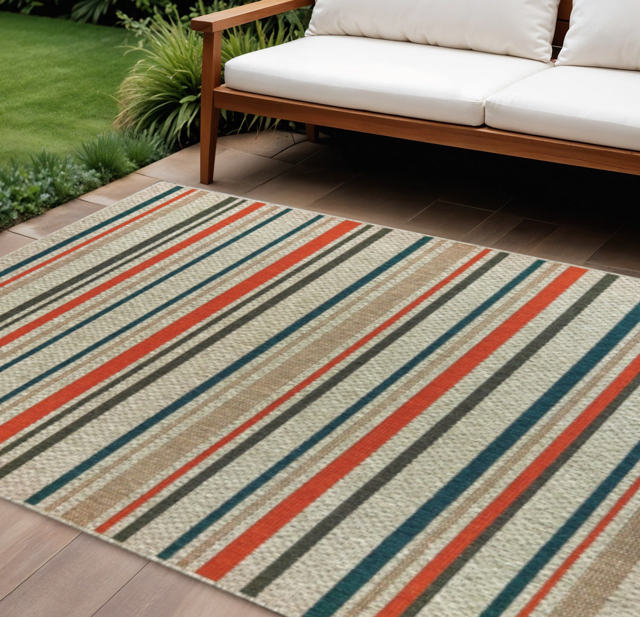 7' X 9' Blue And Gray Striped Indoor Outdoor Area Rug-Outdoor Rugs-DECOROLALA