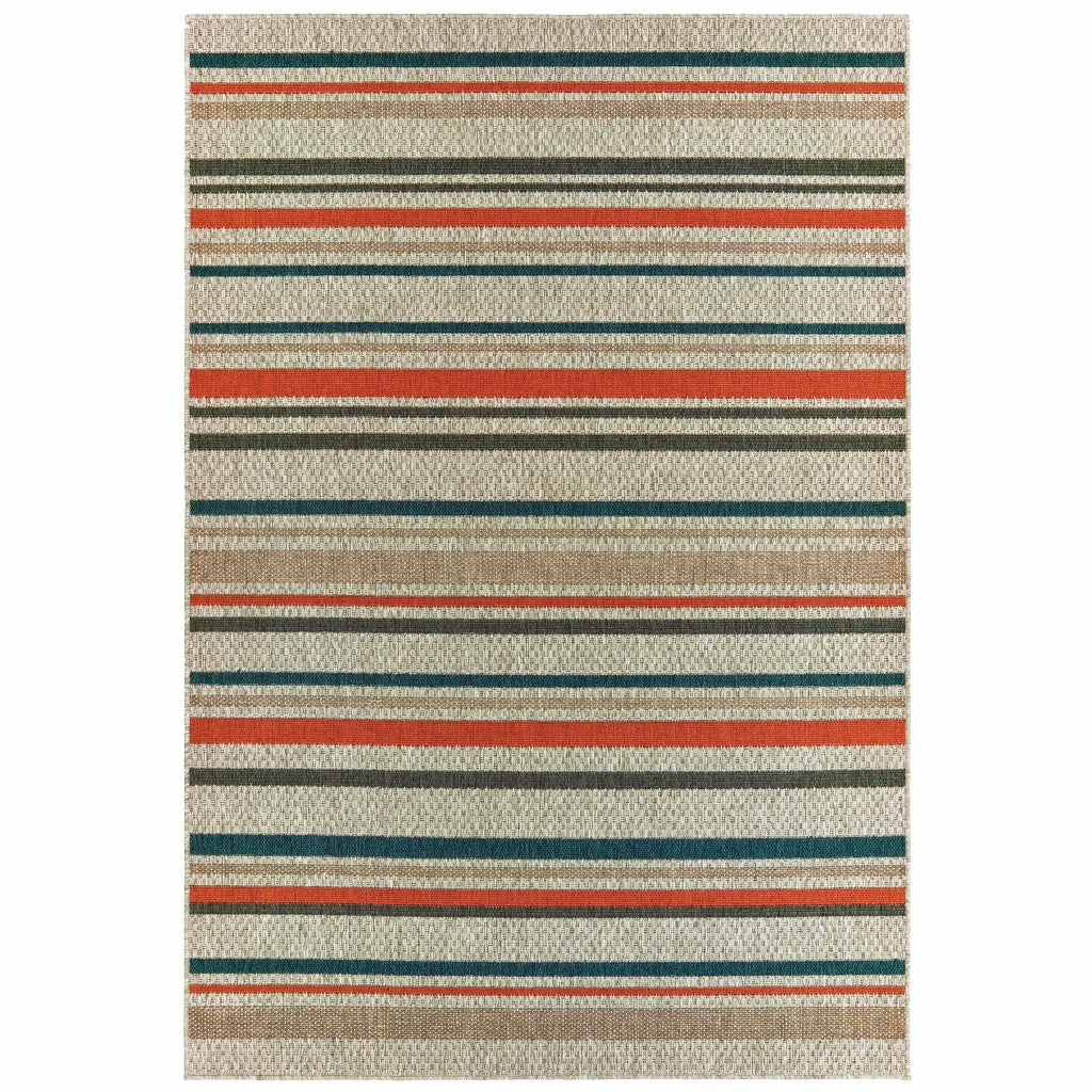 7' X 9' Blue And Gray Striped Indoor Outdoor Area Rug-Outdoor Rugs-DECOROLALA