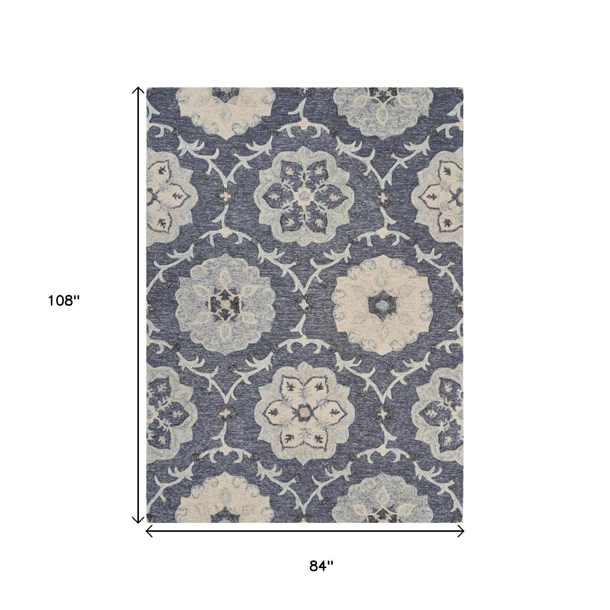 7' X 9' Blue And Gray Wool Hand Tufted Area Rug-Area Rugs-DECOROLALA