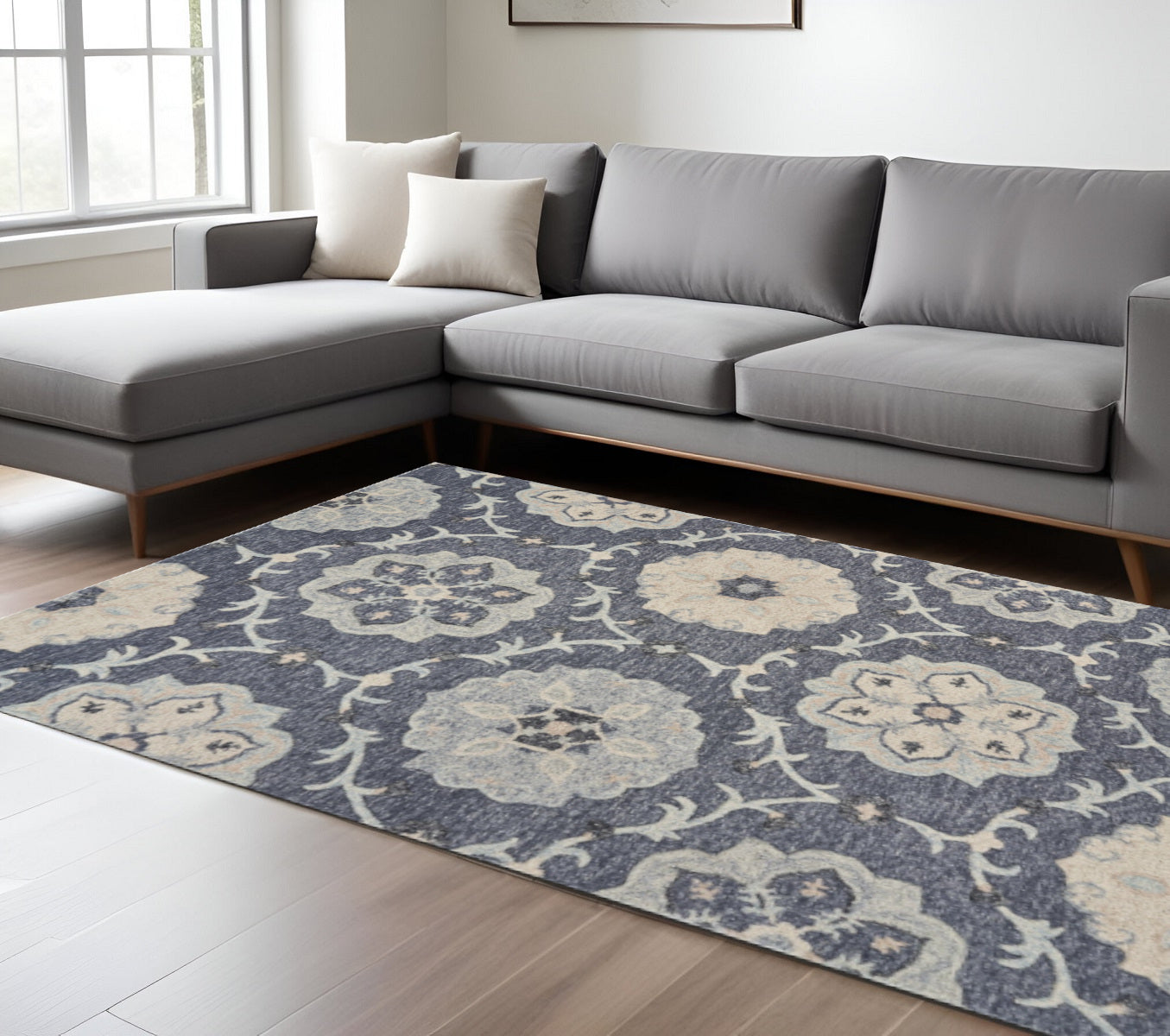 7' X 9' Blue And Gray Wool Hand Tufted Area Rug-Area Rugs-DECOROLALA