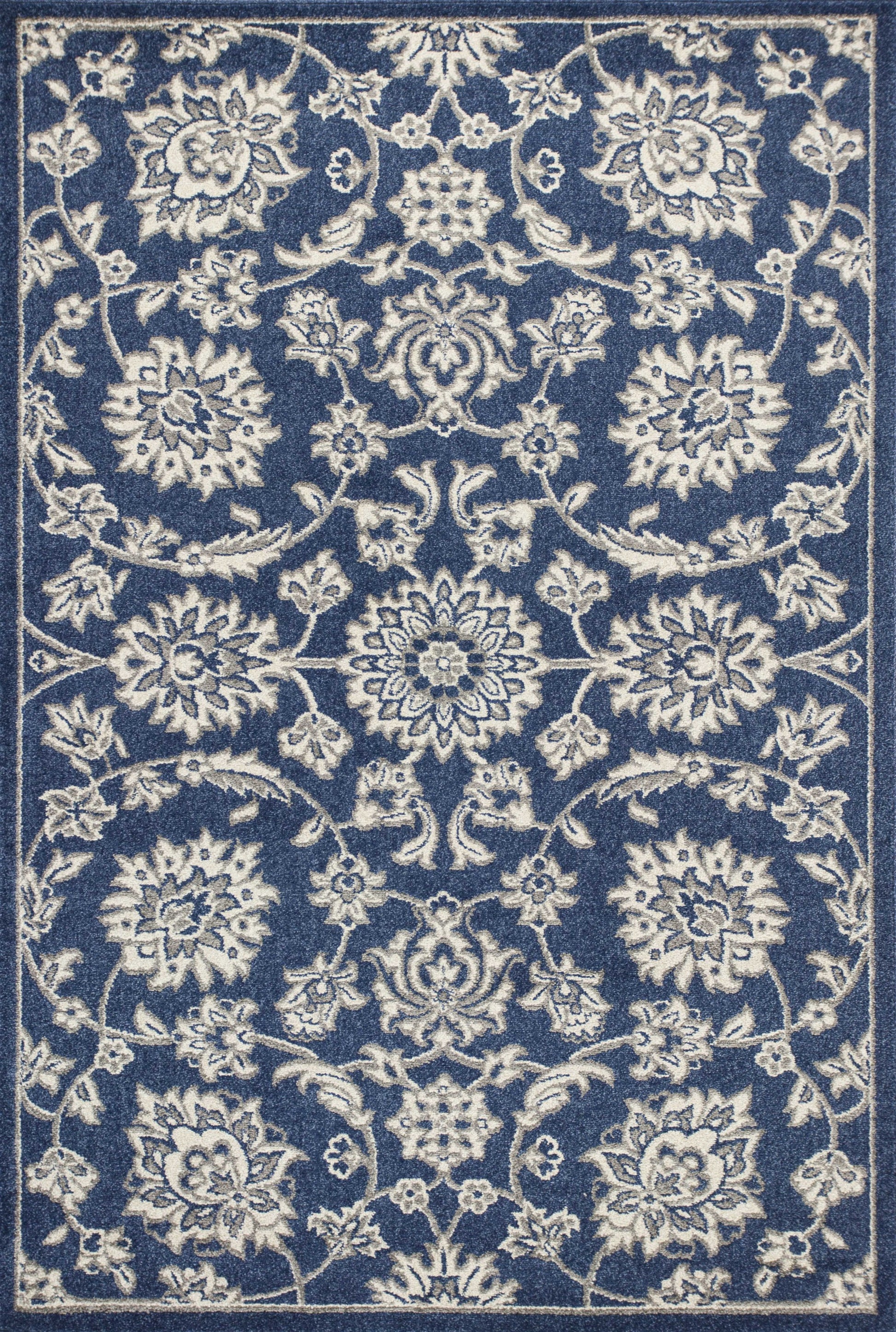 7' X 9' Blue And Ivory Floral Medallion Area Rug-Area Rugs-DECOROLALA
