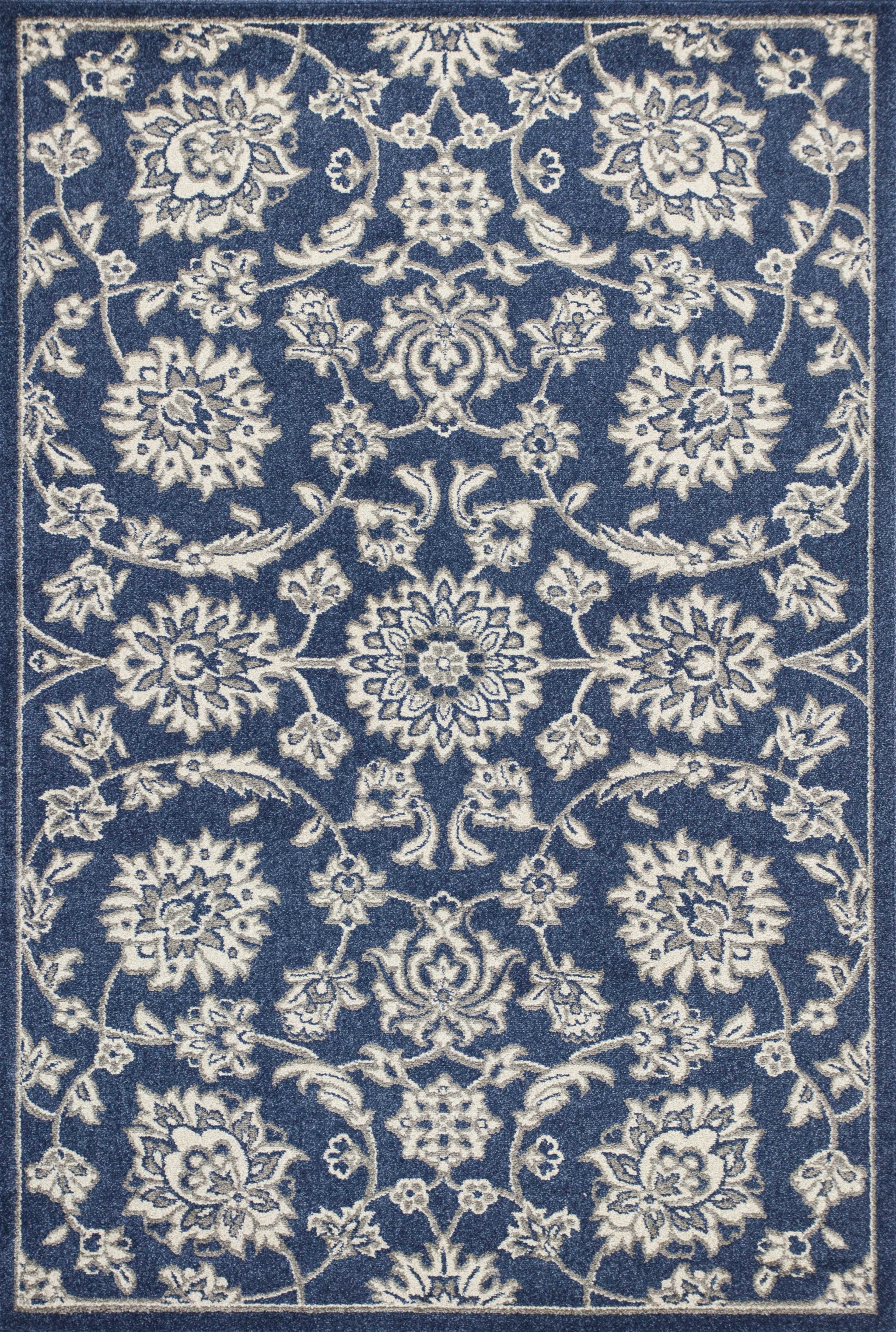 7' X 9' Blue And Ivory Floral Medallion Area Rug-Area Rugs-DECOROLALA