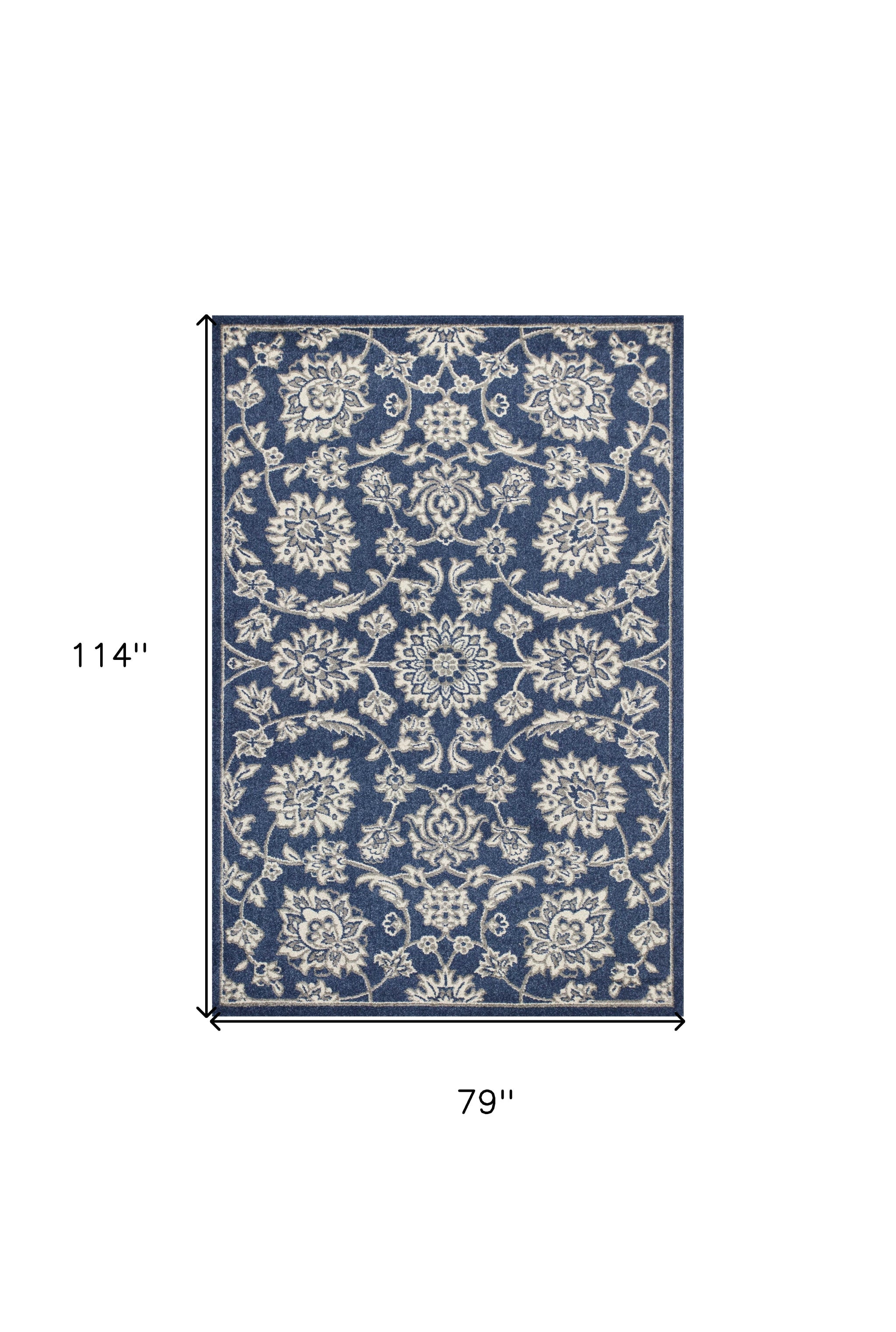7' X 9' Blue And Ivory Floral Medallion Area Rug-Area Rugs-DECOROLALA